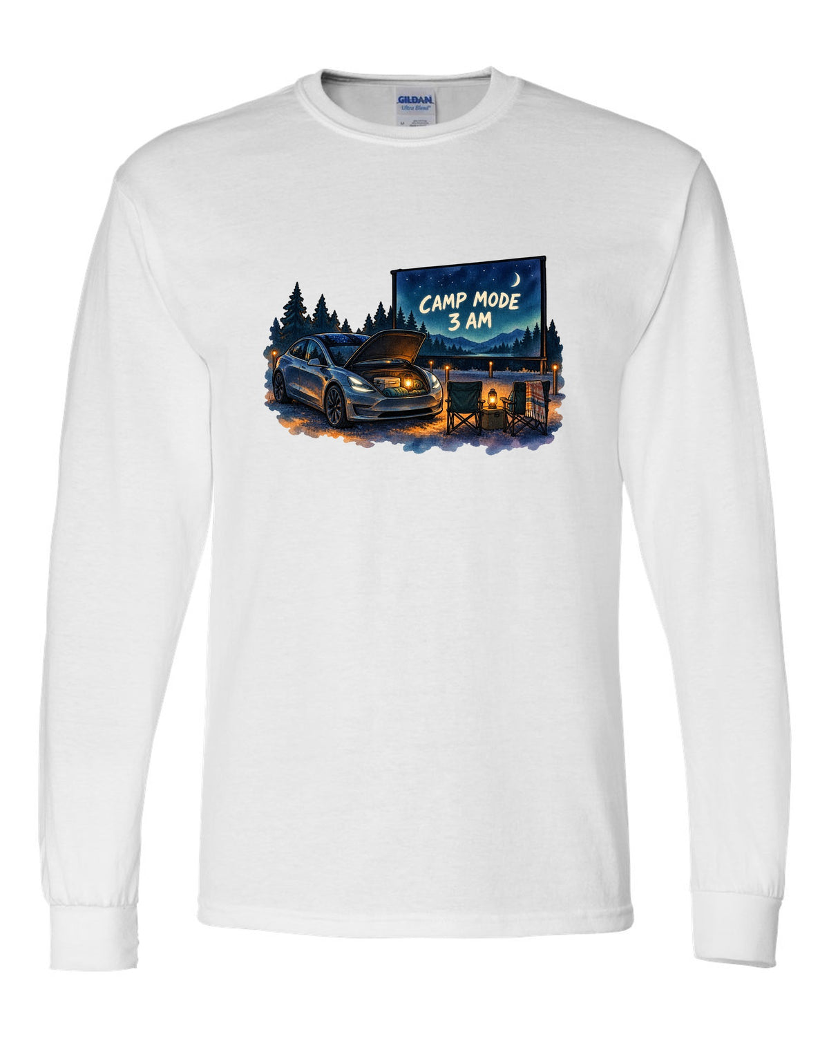 Watercolor wash print of a Tesla Model 3 with the words Camp Mode 3 AM white long sleeve front view with the design