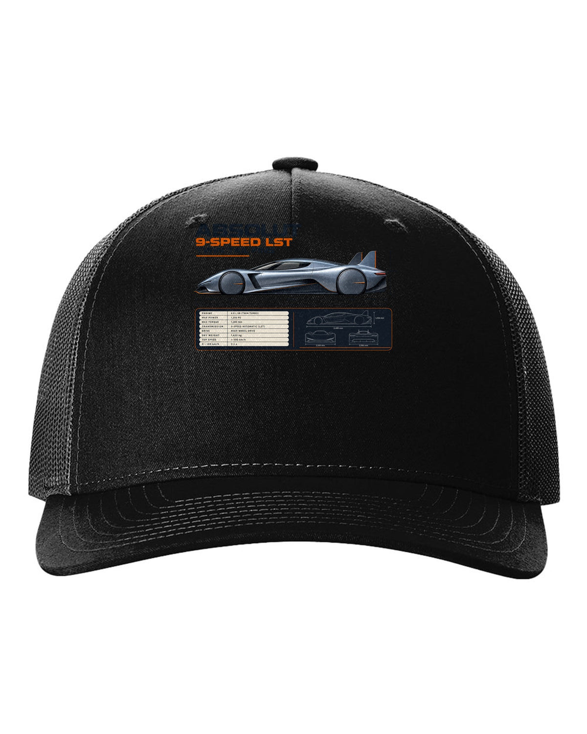 Koenigsegg Jesko Absolut Side Profile Spec Poster black hat front view with the design