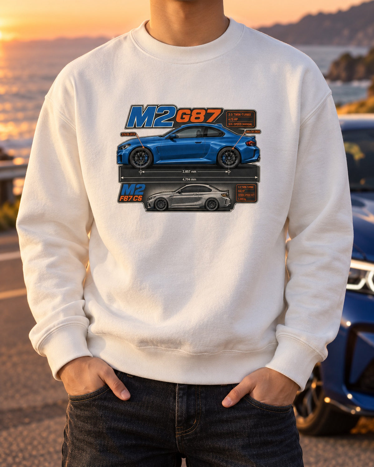BMW M4 G82 Dimension Blueprint Shirt, Six-Speed Manual Car Tee Crewneck White worn hero