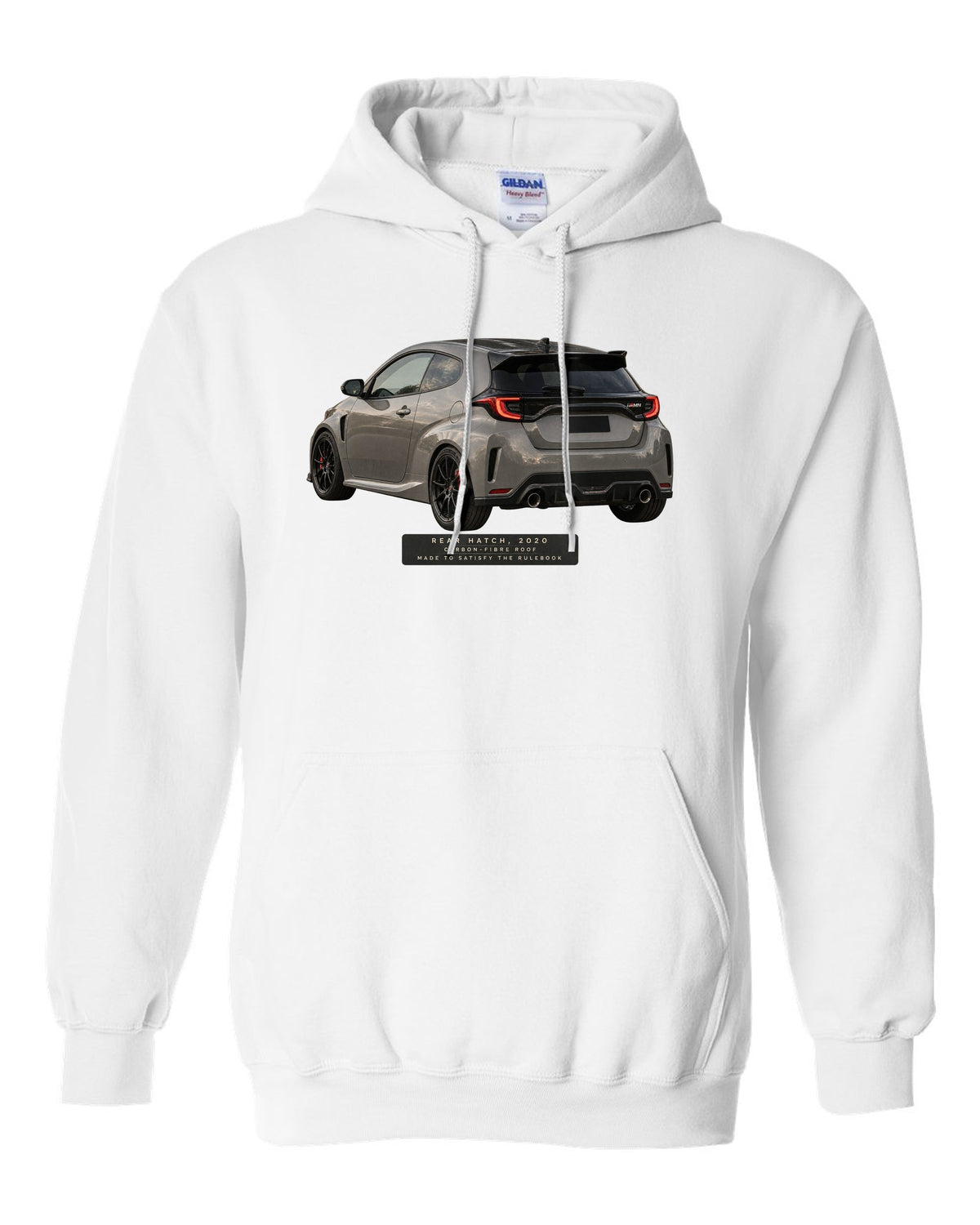 Close-up of a Toyota GR Yaris 2020 rear tailgate and taillight white pull over hoodie front view with the design
