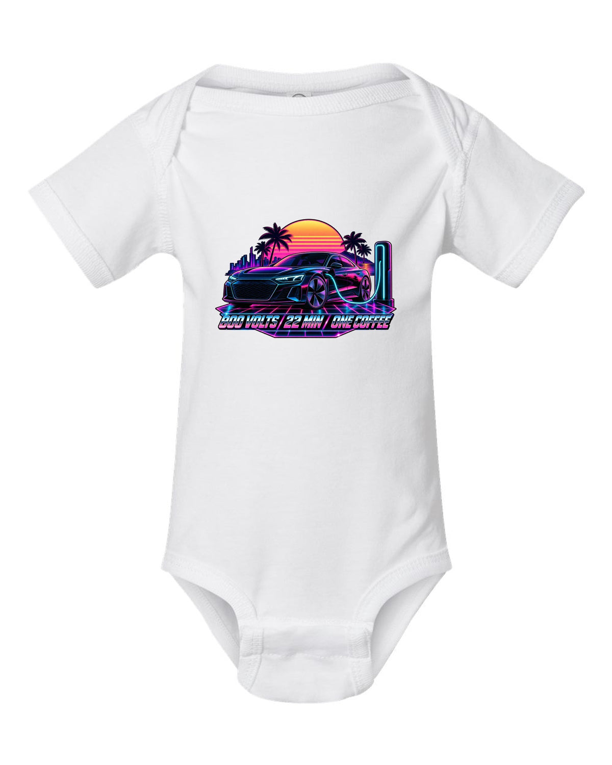 Synthwave print of an Audi e-tron GT at dusk with charging time text white baby onesie front view with the design