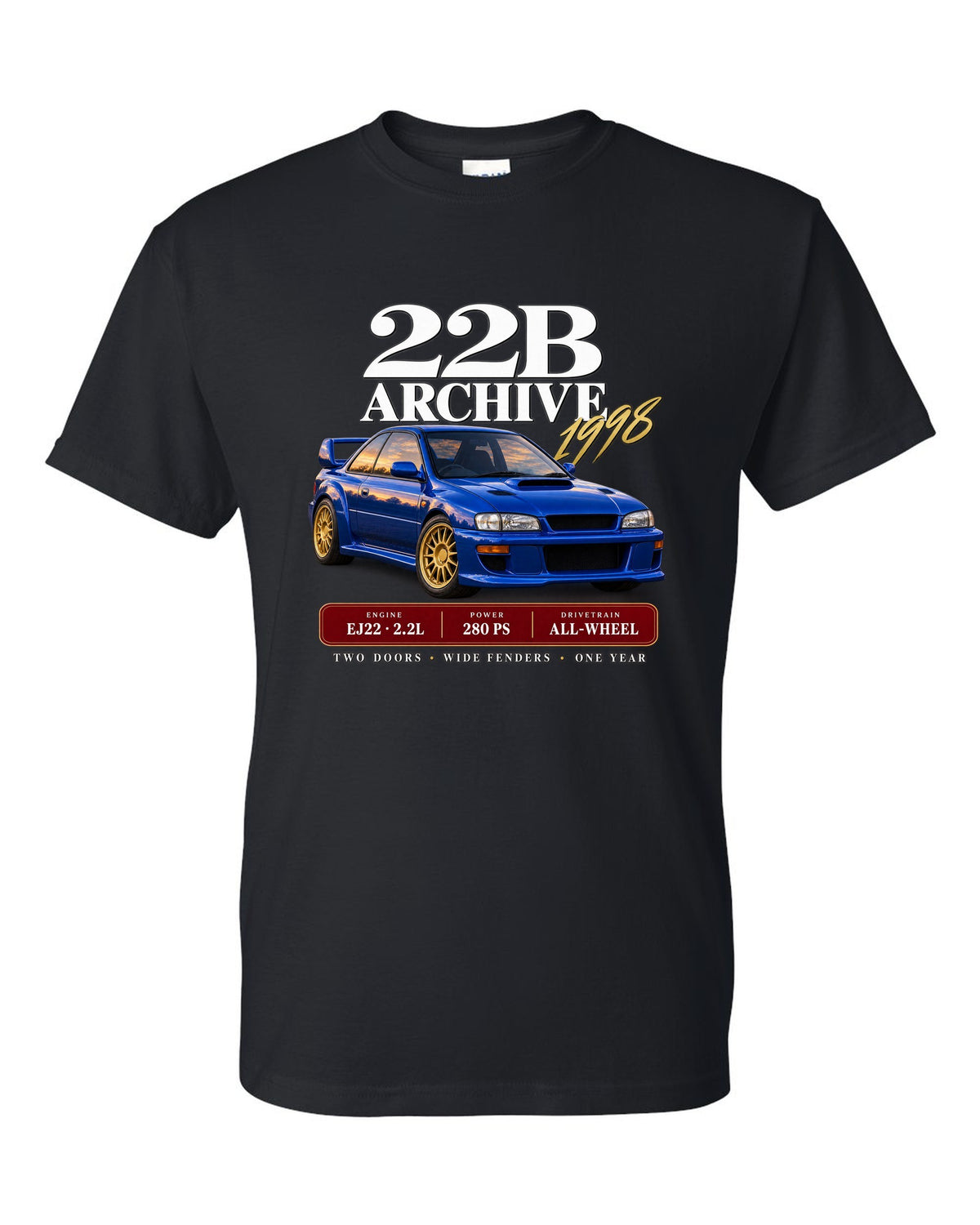 Subaru Impreza 22B STI 1998 archive panel with EJ22 2.2L 280 PS specs black t-shirt front view with the design