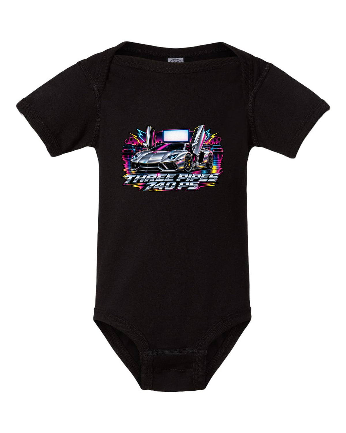 80s airbrush chrome Lamborghini Aventador S LP740-4 with the text THREE PIPES / 740 PS black baby onesie front view with the design