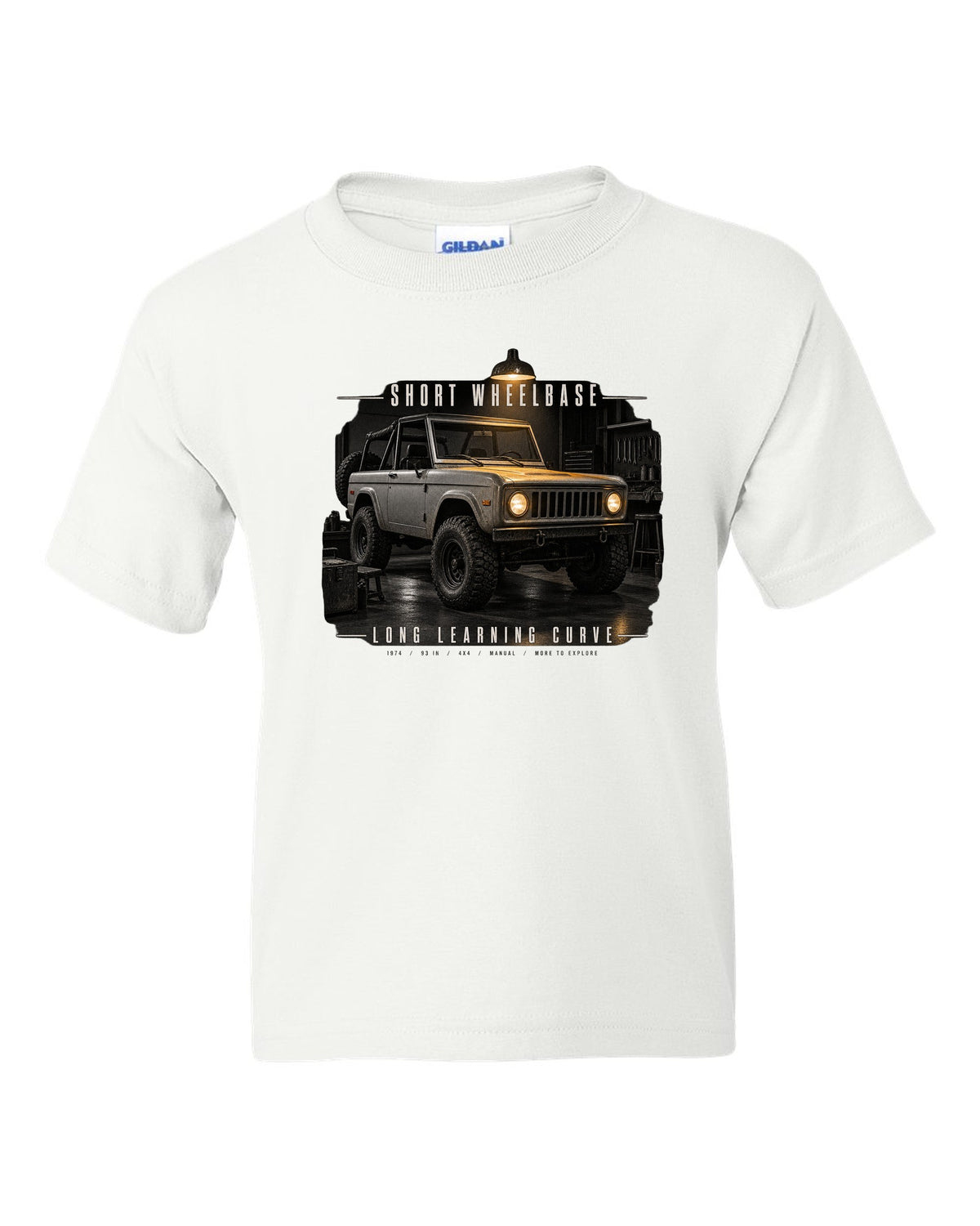 Garage night print for the Jeep CJ-5, Short Wheelbase Long Learning Curve white kids tee front view with the design