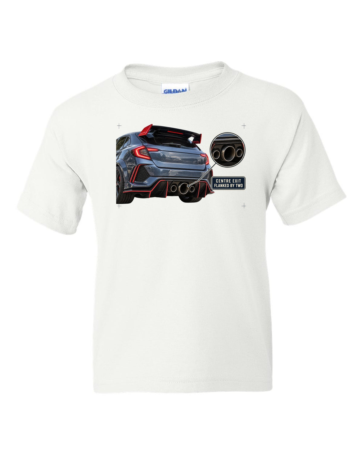 print rear close-up of a Honda Civic Type R FK8 with triple exhaust outlets white kids tee front view with the design