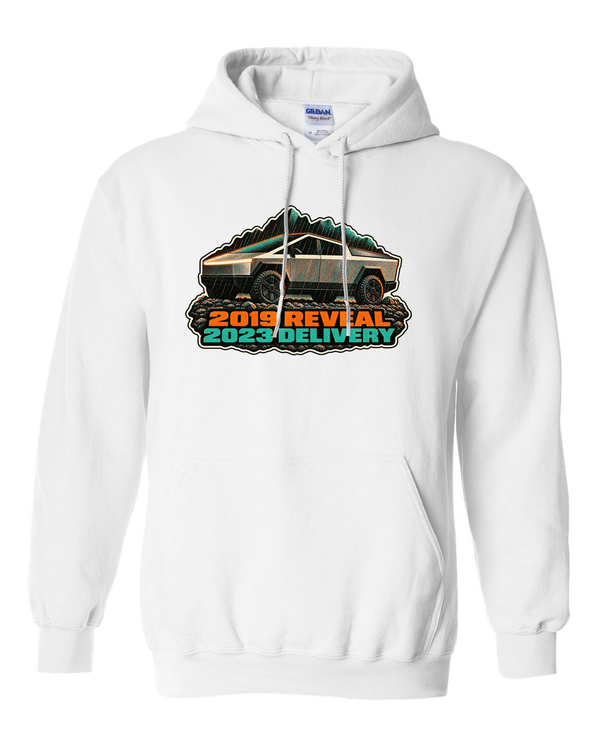 Risograph two-colour print of a 2023 Tesla Cybertruck in gravel and rain with 2019 Reveal 2023 Delivery lettering white pull over hoodie front view with the design