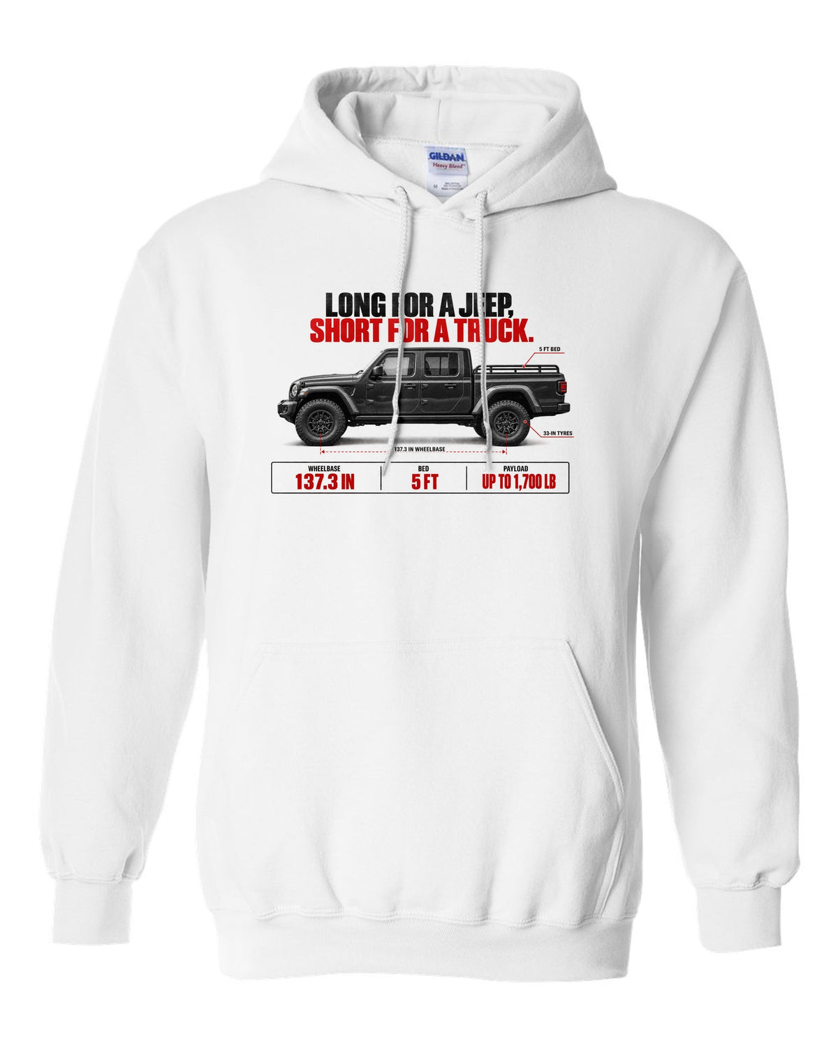 Jeep Gladiator JT spec poster print with wheelbase and payload figures white pull over hoodie front view with the design