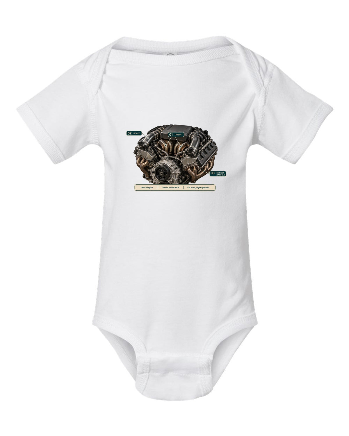Engine hero print of the Mercedes-AMG M177 4.0 V8 from the G63 white baby onesie front view with the design