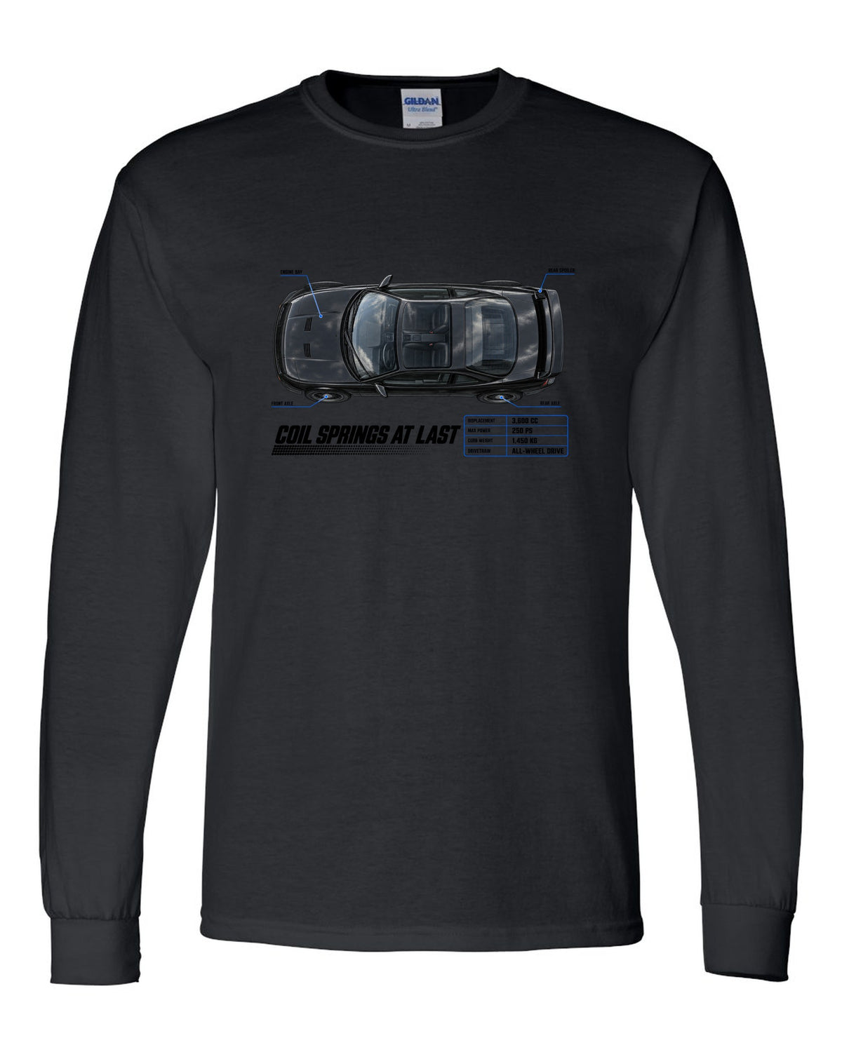 Top-down spec poster print of a Porsche 911 Carrera 4 (964) with the headline Coil Springs At Last black long sleeve front view with the design