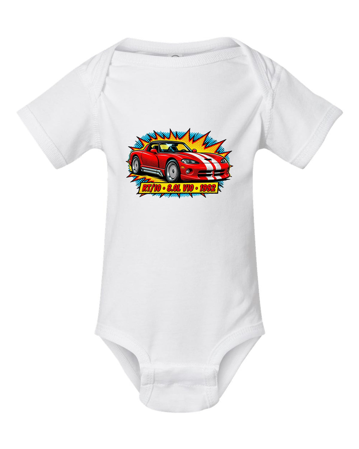 Comic halftone pop-art print of a 1992 Dodge Viper RT/10 with 8.0L V10 text white baby onesie front view with the design