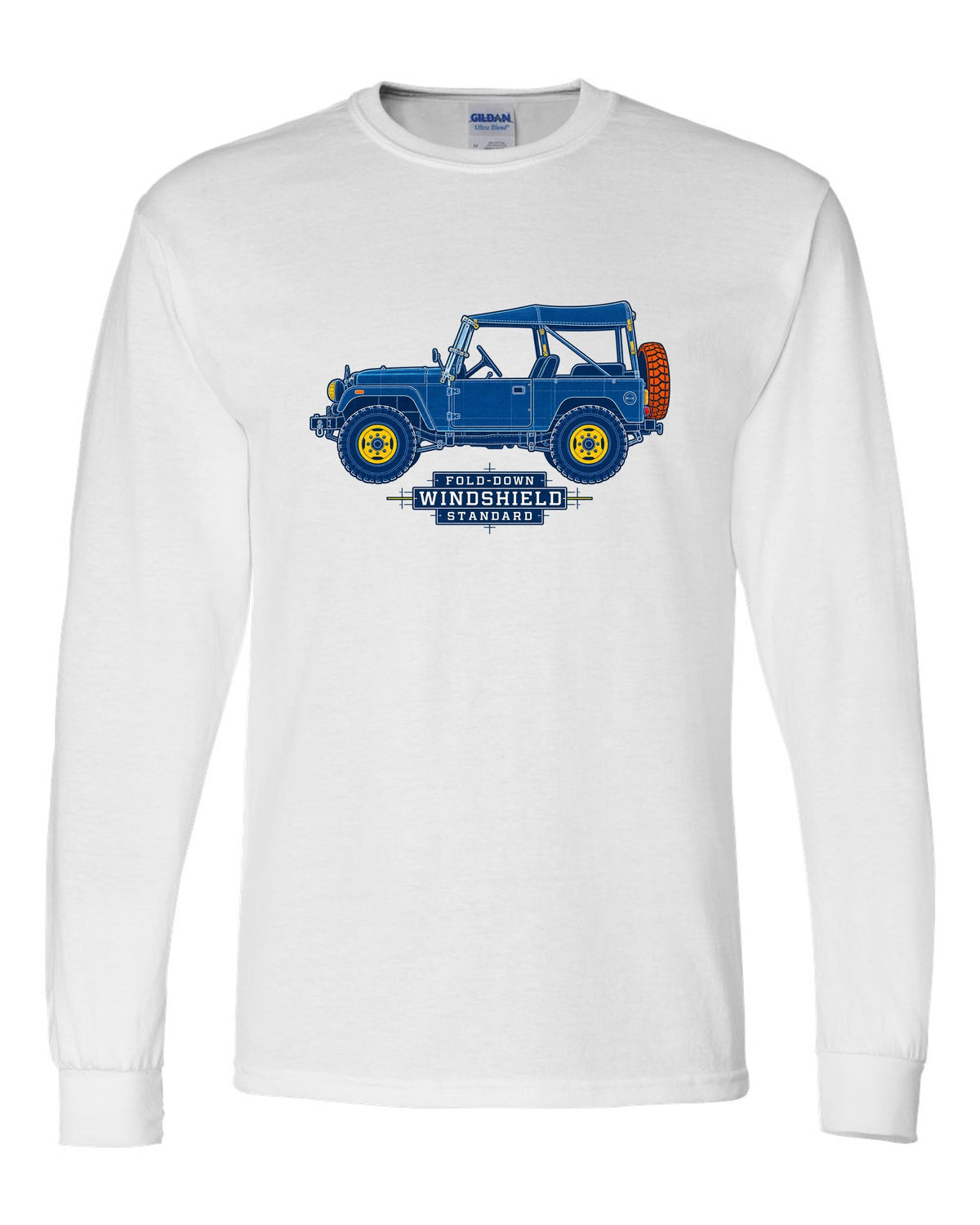 Cyanotype blueprint of a Toyota Land Cruiser FJ40 with fold-down windshield lettering white long sleeve front view with the design