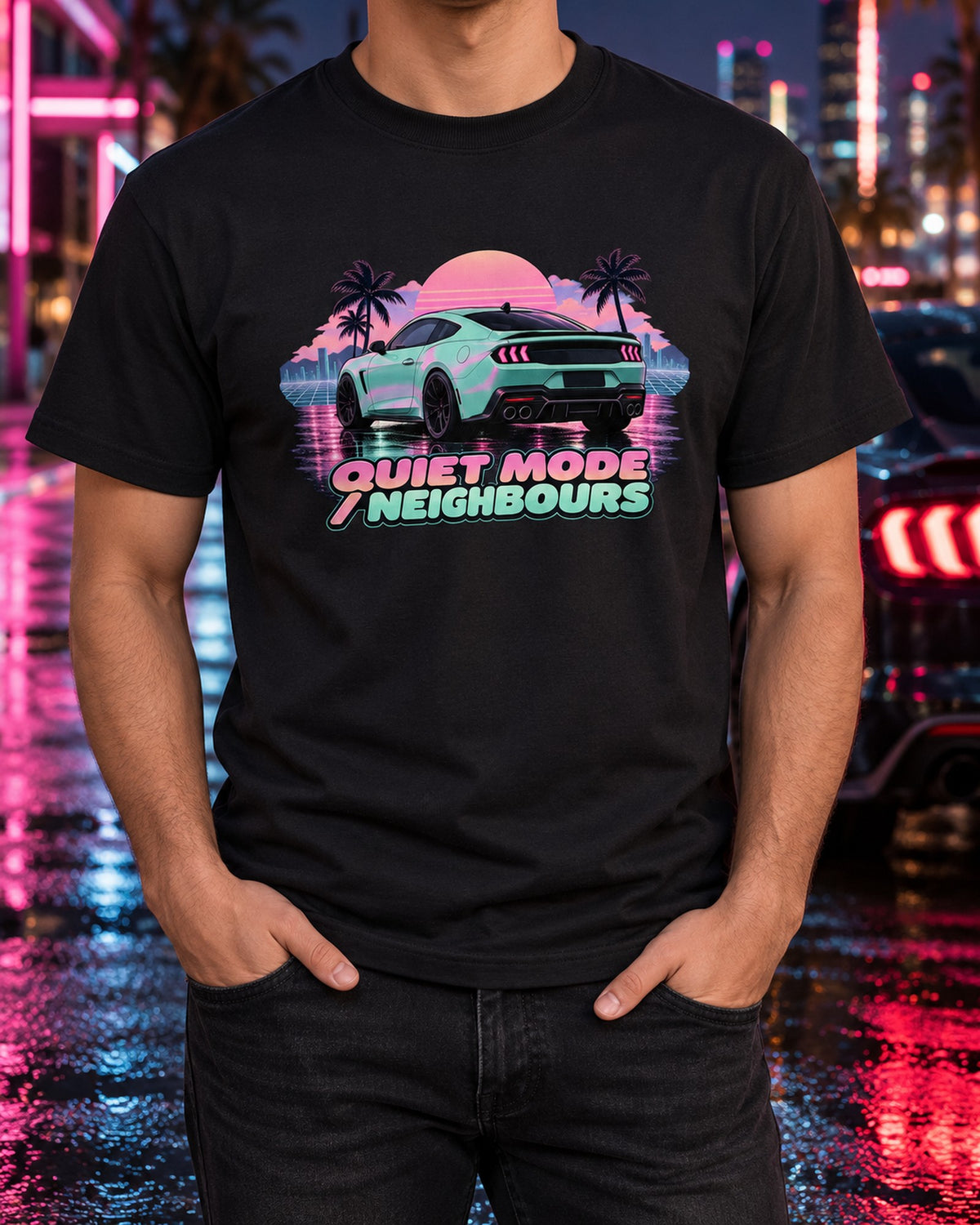 S650 Mustang Vaporwave Wet Asphalt Shirt, Quiet Mode Neighbours T-Shirt Black worn hero