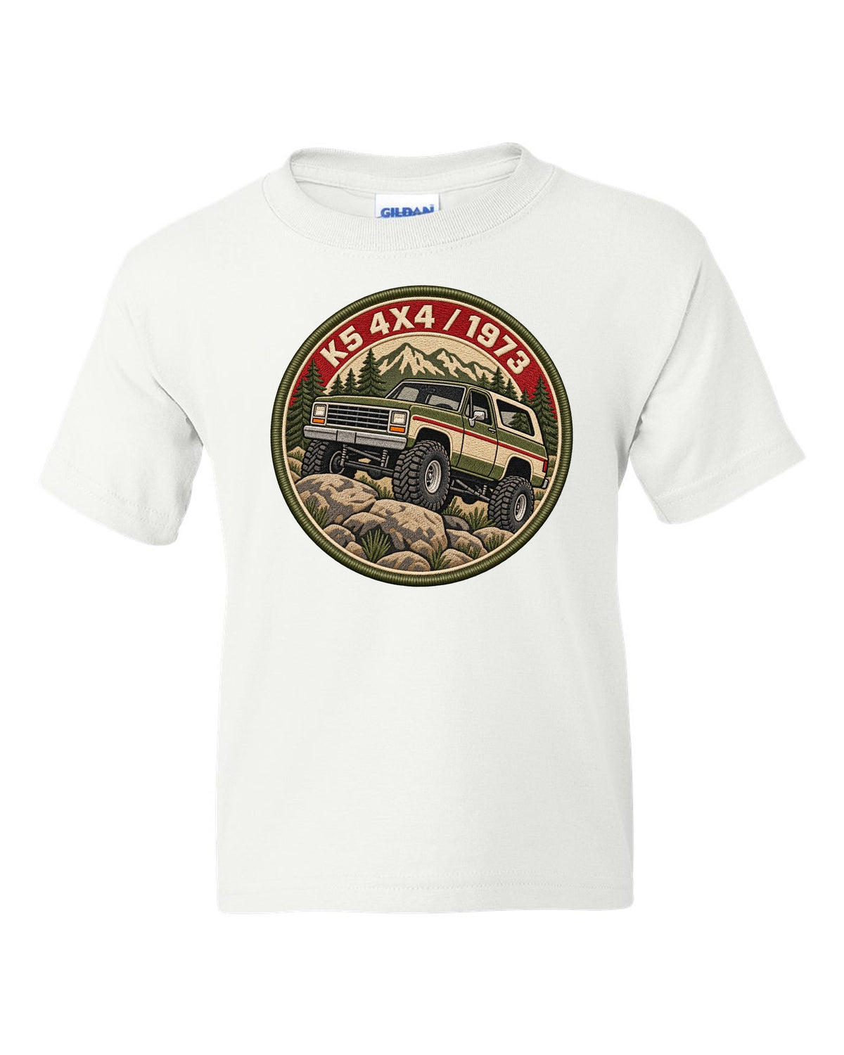 Embroidery-style varsity crest print of a 1973-91 Chevrolet K5 Blazer with K5 4x4 1973 lettering white kids tee front view with the design