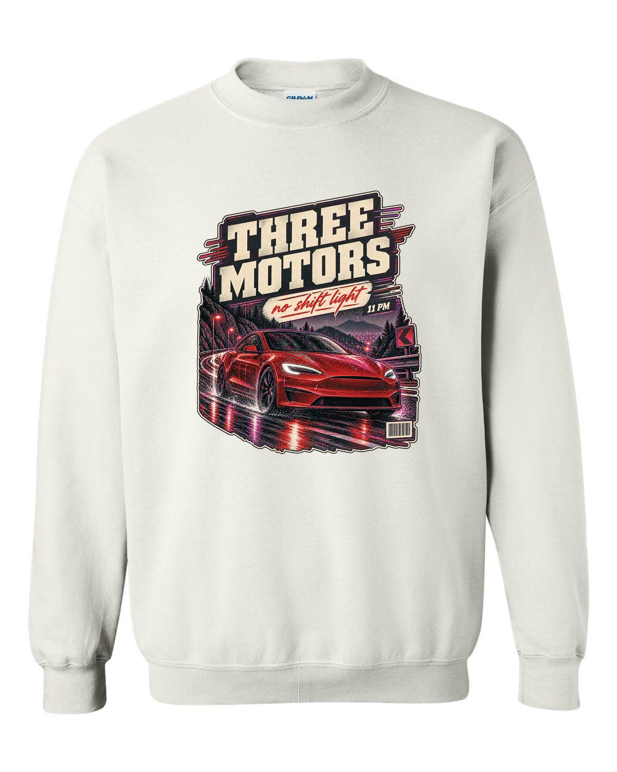 Night street print of a Tesla Model S Plaid on a wet road white crewneck front view with the design