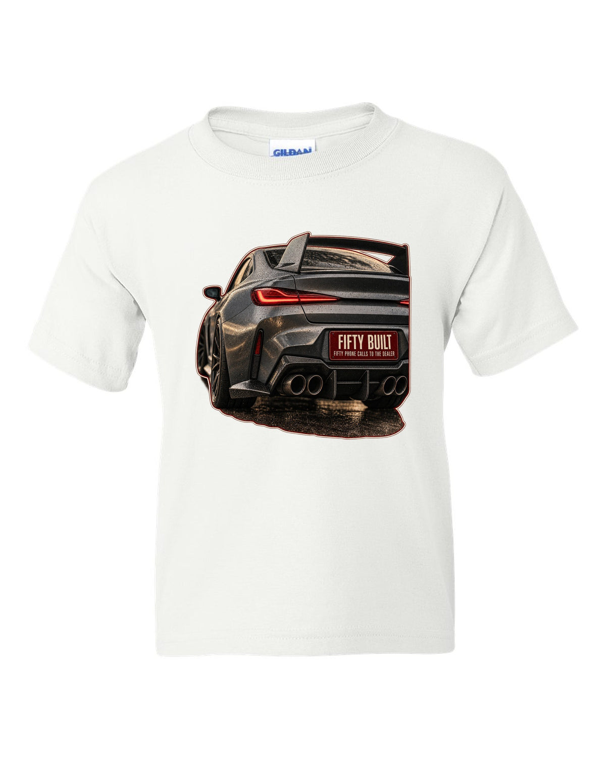 BMW 3.0 CSL 2023 rear light macro print white kids tee front view with the design