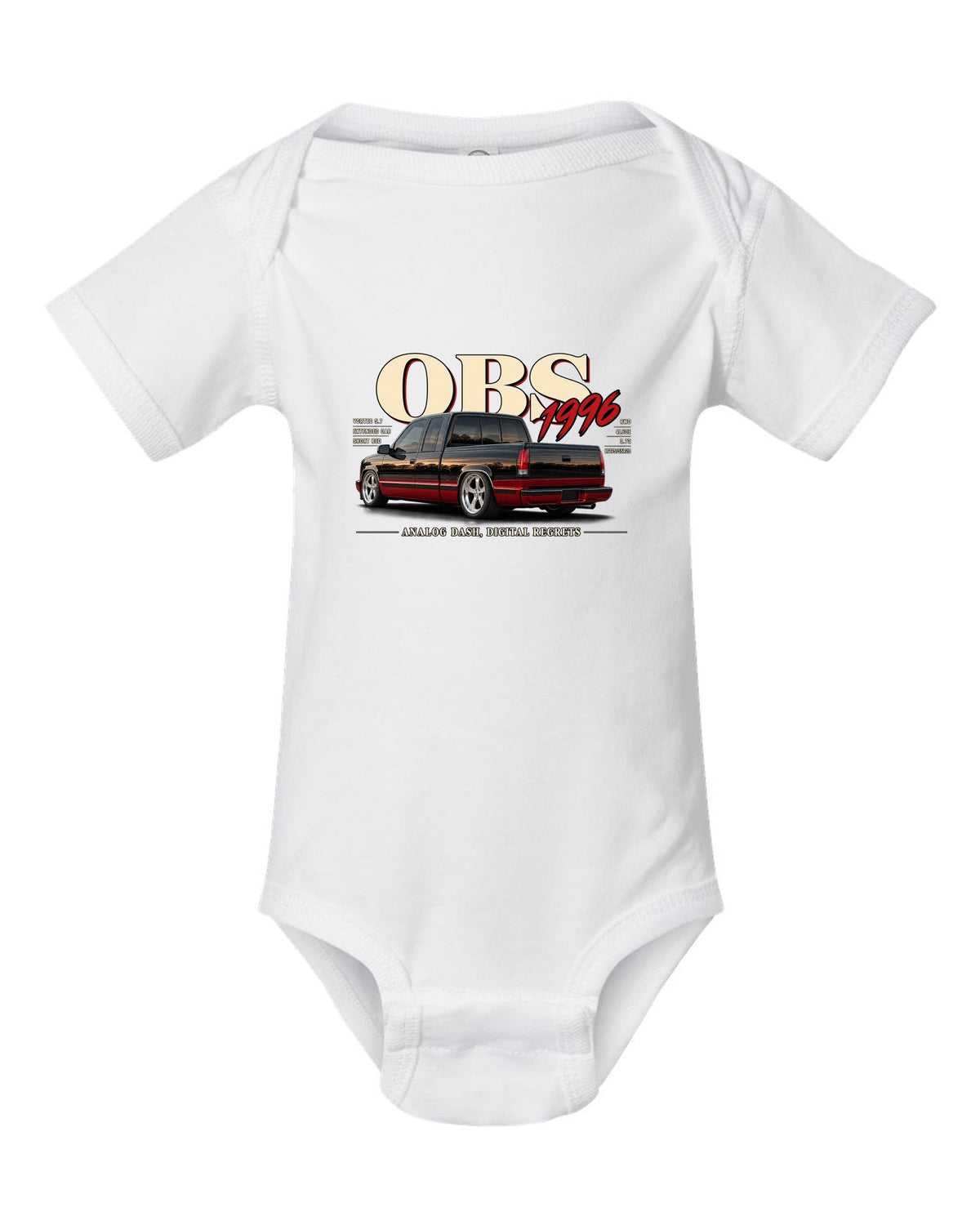 1996 OBS Chevy C1500 extended cab editorial headline print white baby onesie front view with the design