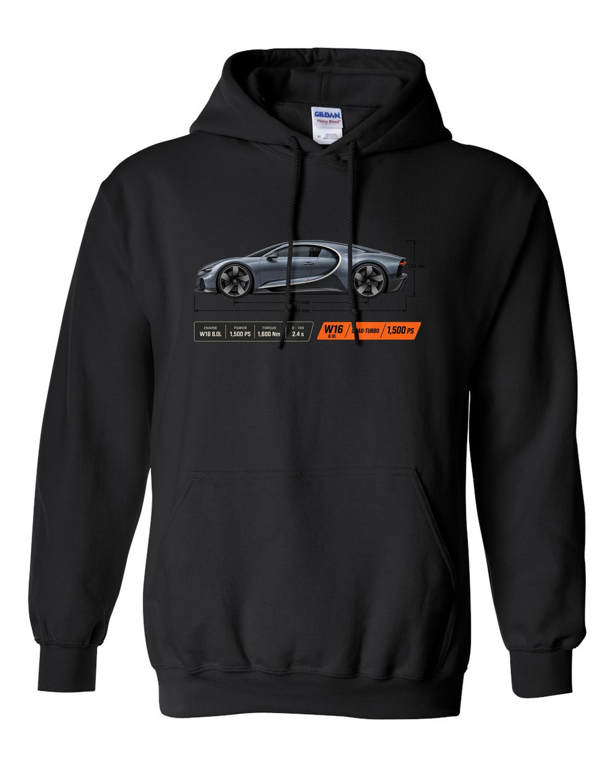Bugatti Chiron W16 Dimension Blueprint black pull over hoodie front view with the design