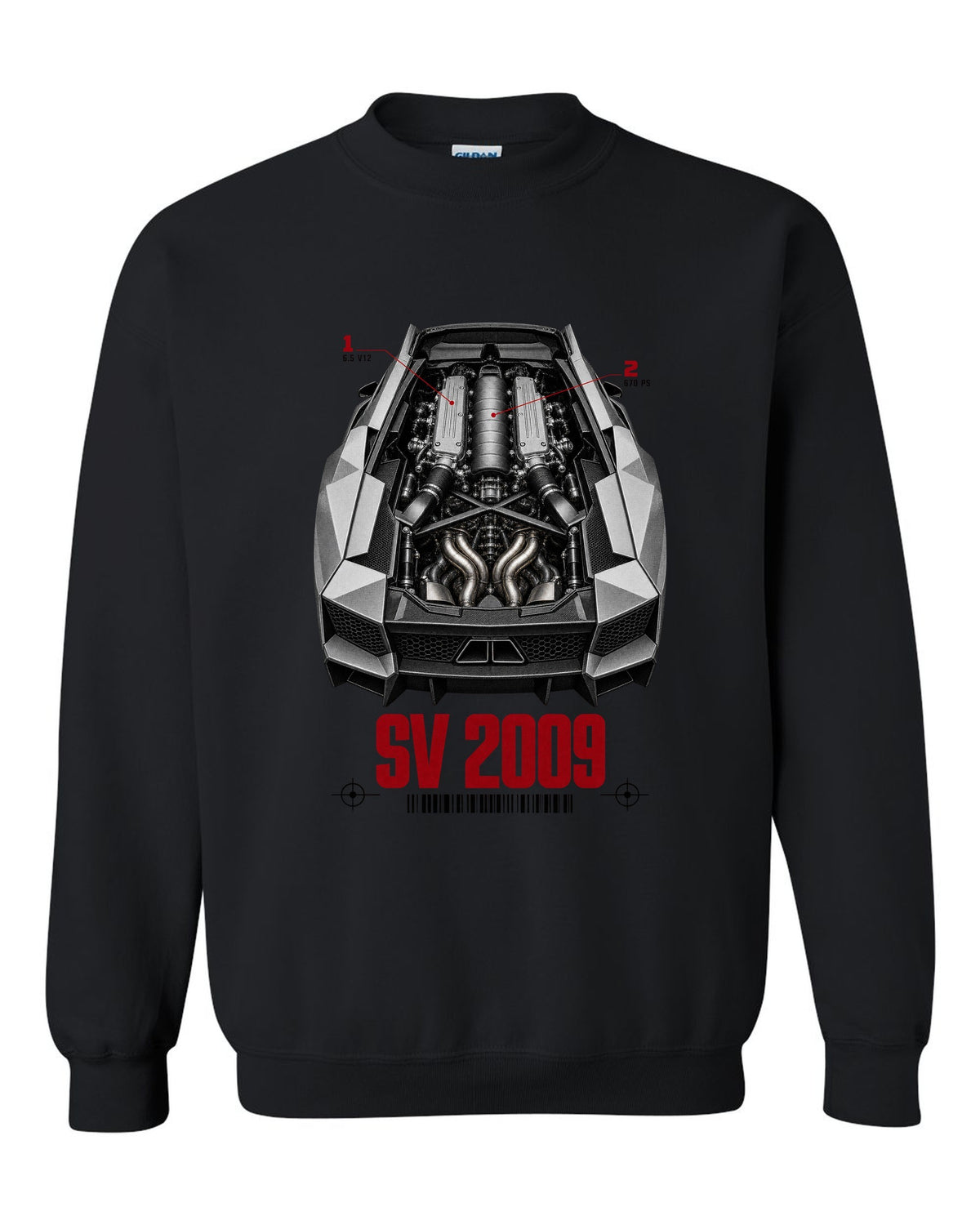 Engine hero print of a Lamborghini Murcielago LP670-4 SV with 6.5 V12 and 670 PS callouts black crewneck front view with the design