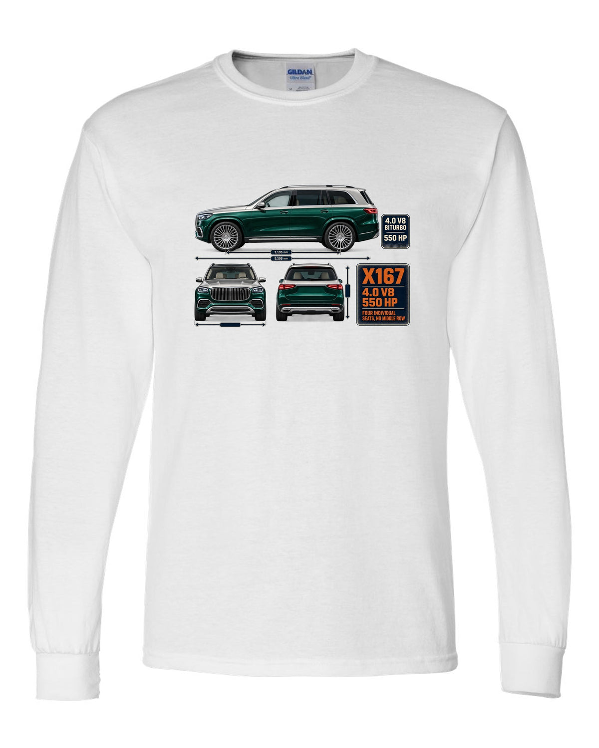 Mercedes-Maybach GLS 600 X167 three-view spec print in obsidian green and silver white long sleeve front view with the design