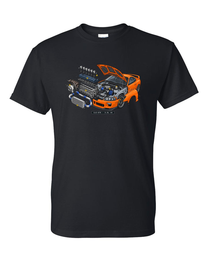 Isometric exploded engine view print of the Toyota Supra JZA80 2JZ-GTE 3.0L I6 black t-shirt front view with the design