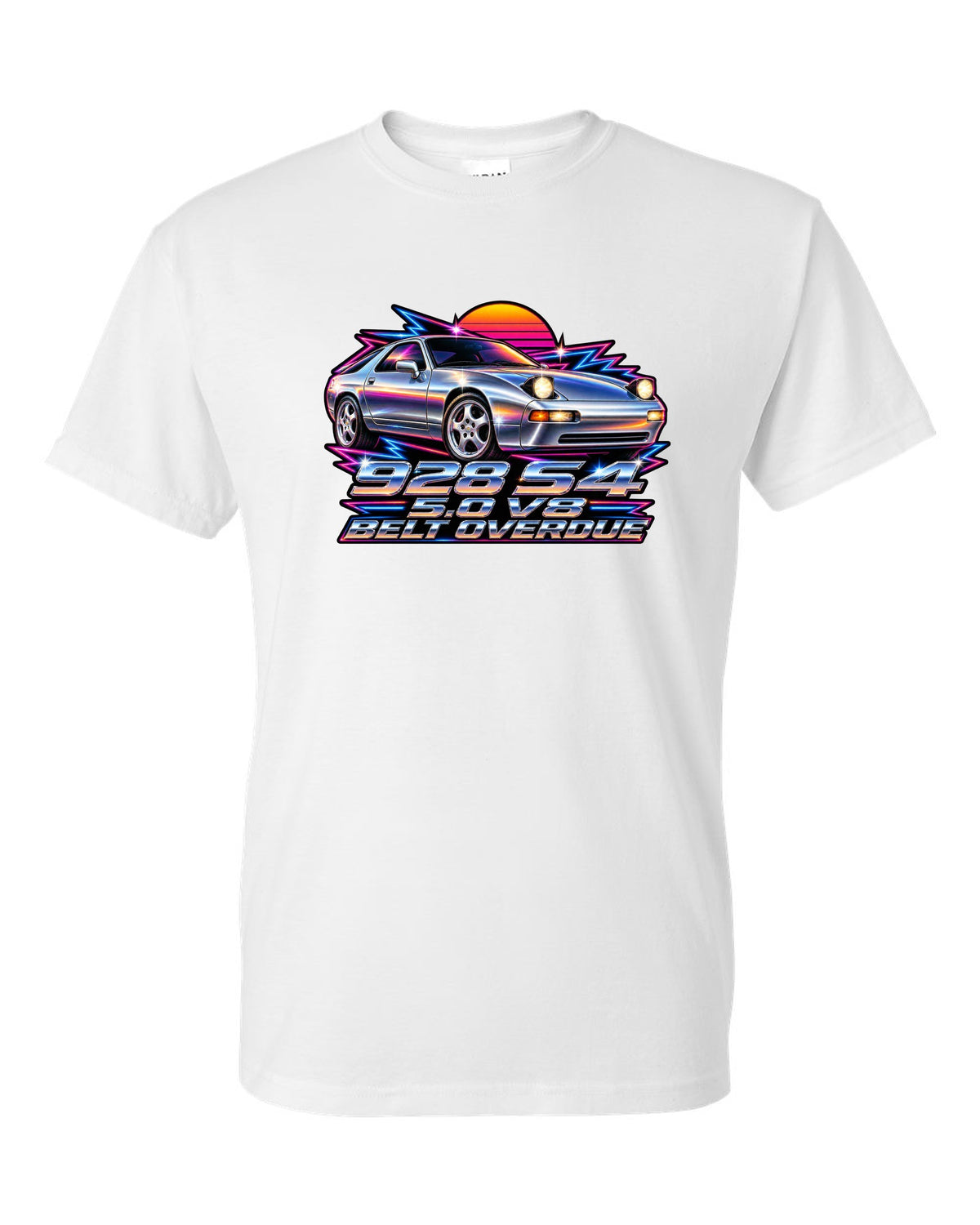 Porsche 928 S4 80s airbrush chrome design with pop-up headlights white t-shirt front view with the design