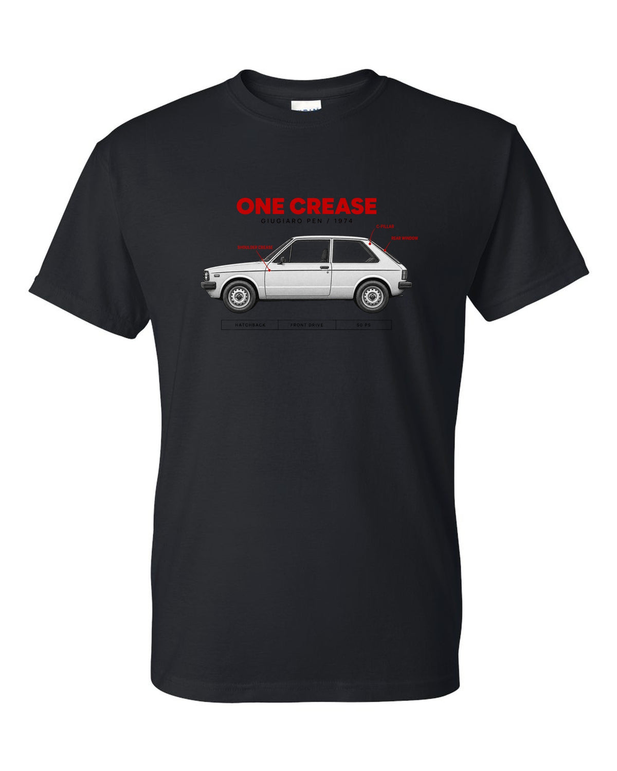 VW Golf Mk1 1974 Giugiaro Spec Poster print black t-shirt front view with the design