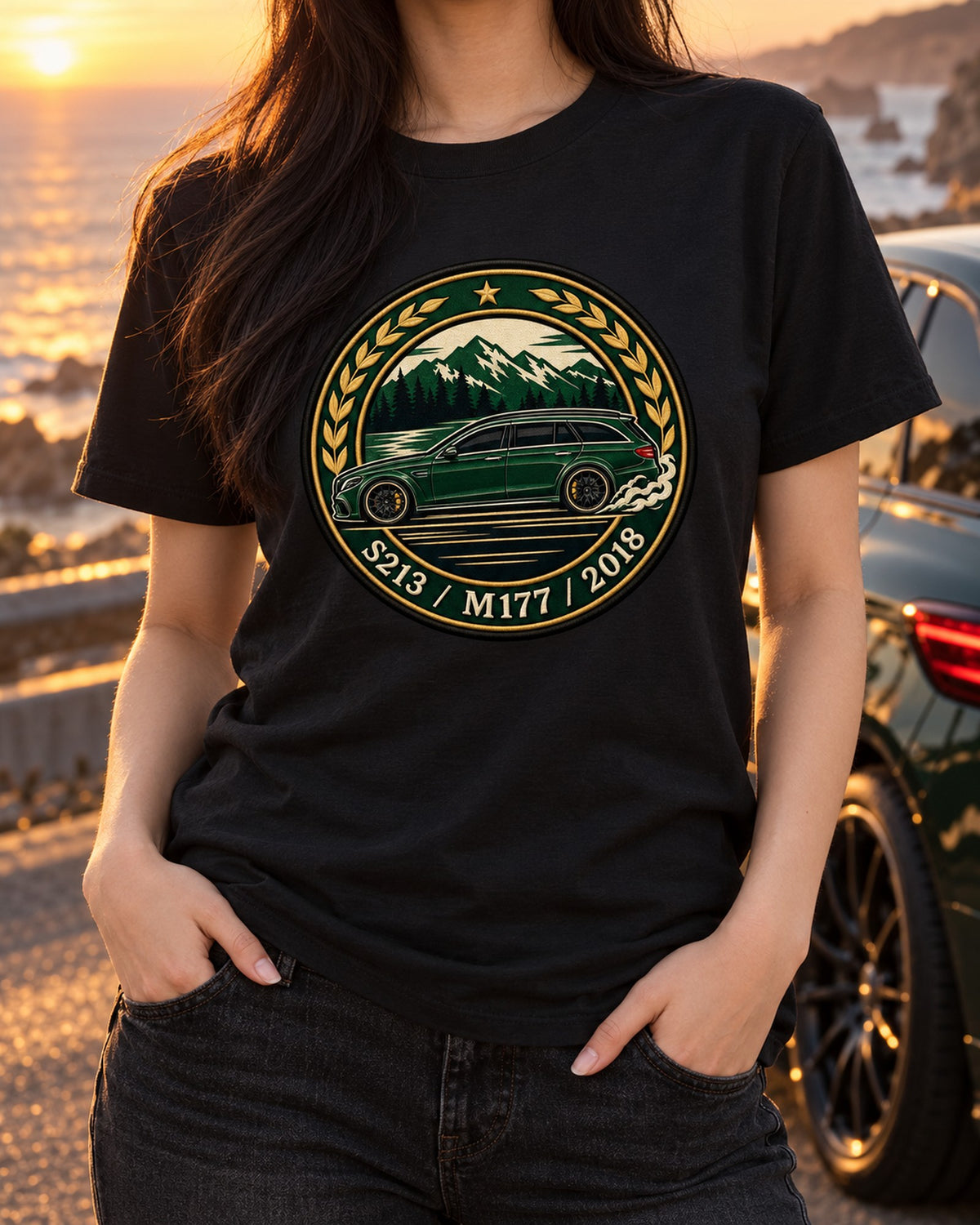 Mercedes E63 AMG Wagon S213 M177 Varsity Crest Tee, 2018 T-Shirt Black worn hero