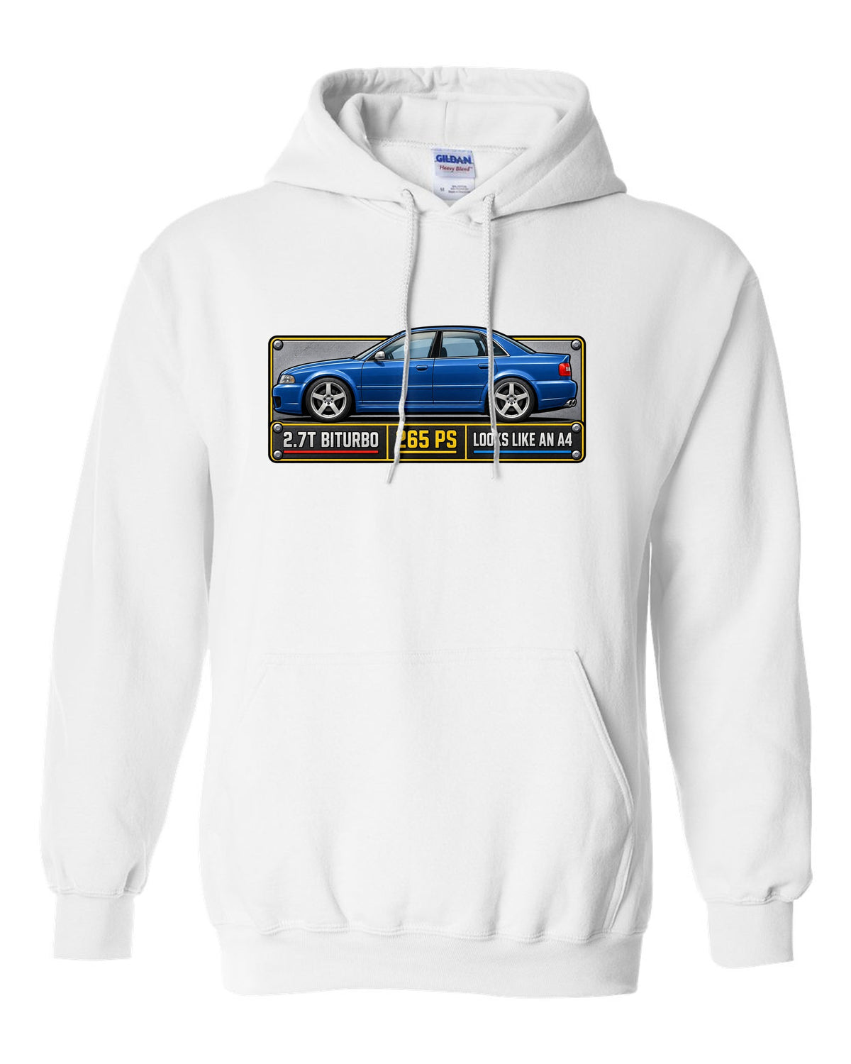 Spec plate print of an Audi S4 B5 sedan with 2.7T biturbo and 265 PS text white pull over hoodie front view with the design