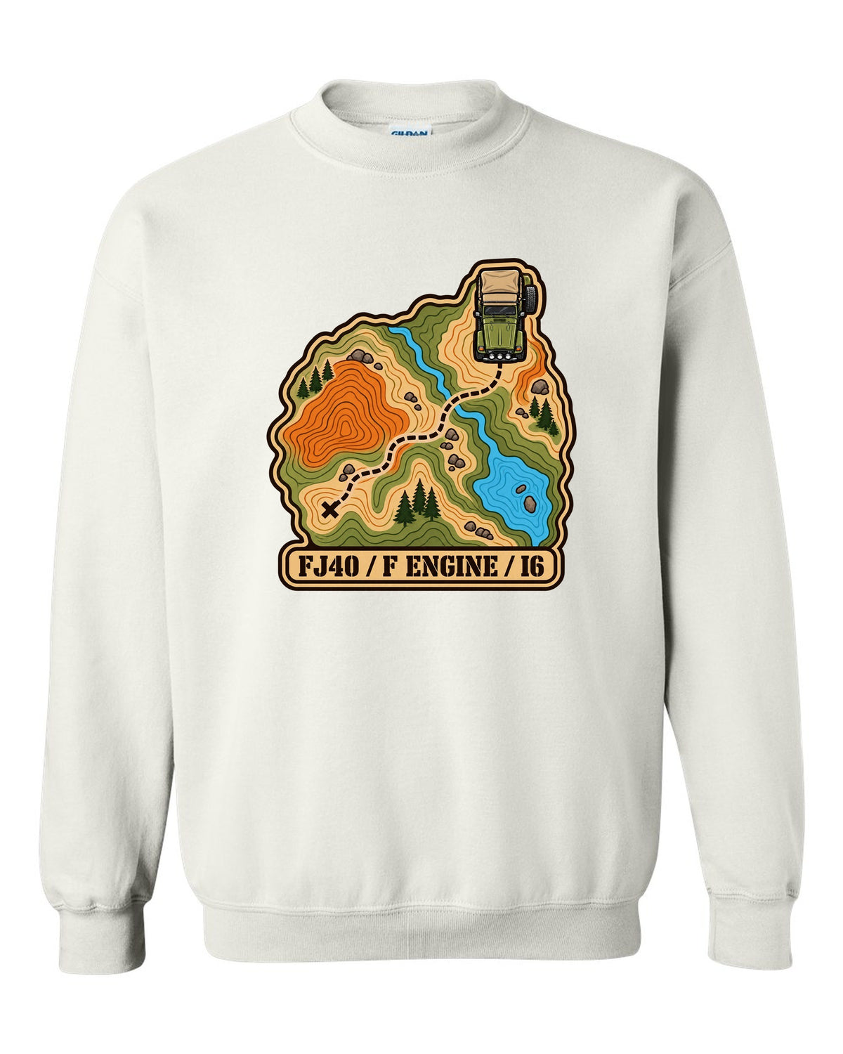 Topographic route map illustration of a Toyota Land Cruiser FJ40 with F engine I6 lettering white crewneck front view with the design