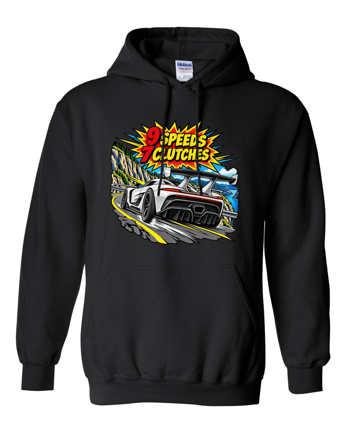 Comic halftone pop art print of a Koenigsegg Jesko with 9 speeds and 7 clutches lettering black pull over hoodie front view with the design