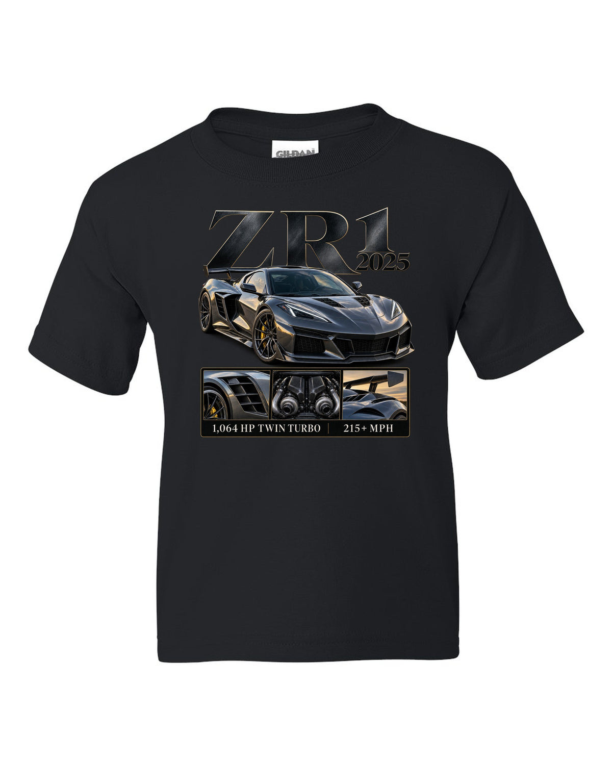Corvette C8 ZR1 2025 with large fender vents, archive panel black kids tee front view with the design