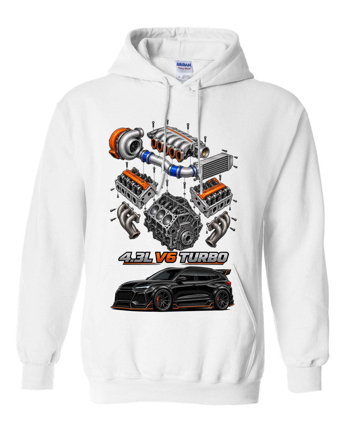 Exploded cutaway drawing of the 4.3L turbo V6 engine in a 1992-93 GMC Typhoon, printed on a shirt back white pull over hoodie front view with the design
