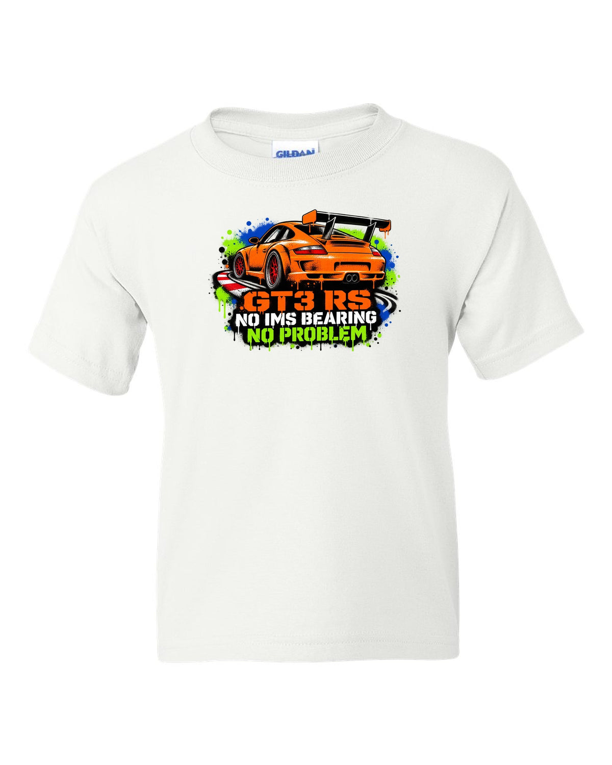Porsche 996 GT3 RS graffiti stencil spray paint design with IMS joke white kids tee front view with the design