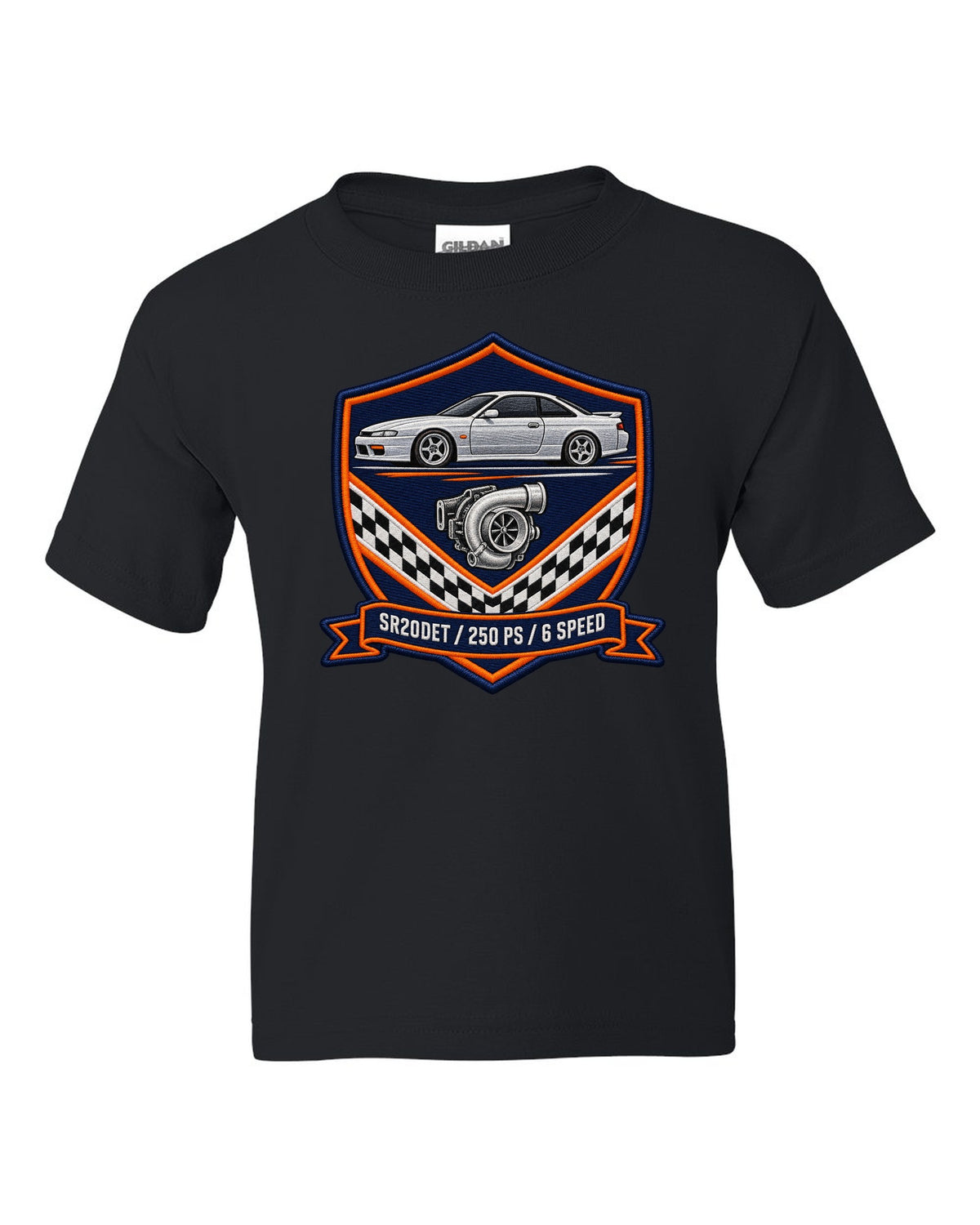 Embroidery-style shield crest print for the Nissan Silvia S15 with SR20DET 250 PS 6 speed lettering black kids tee front view with the design