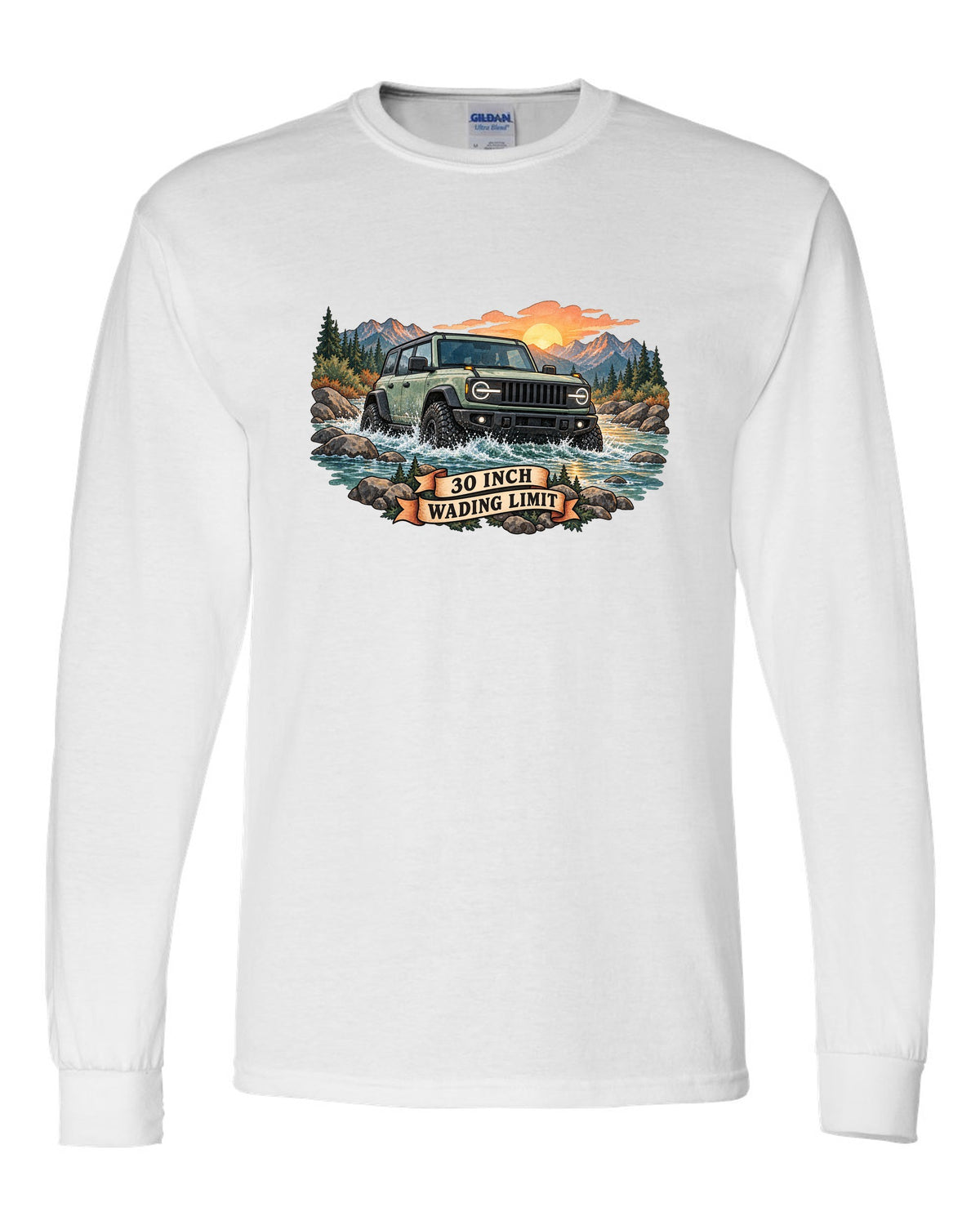 Jeep Wrangler JLU watercolour river crossing at sunrise with 30 inch wading limit text white long sleeve front view with the design