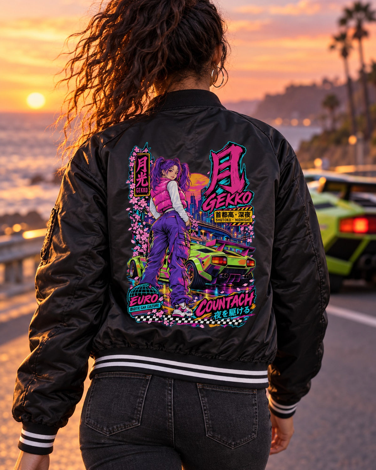 GEKKO COUNTACH Anime Girl Full-Back Graphic Tee Bomber Jacket Black worn hero