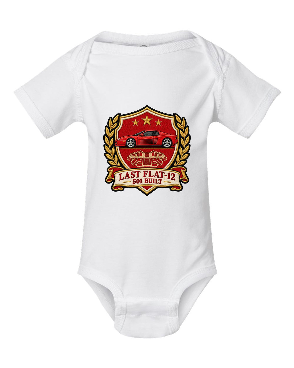Varsity crest print for the Ferrari F512 M with the text last flat-12, 501 built white baby onesie front view with the design