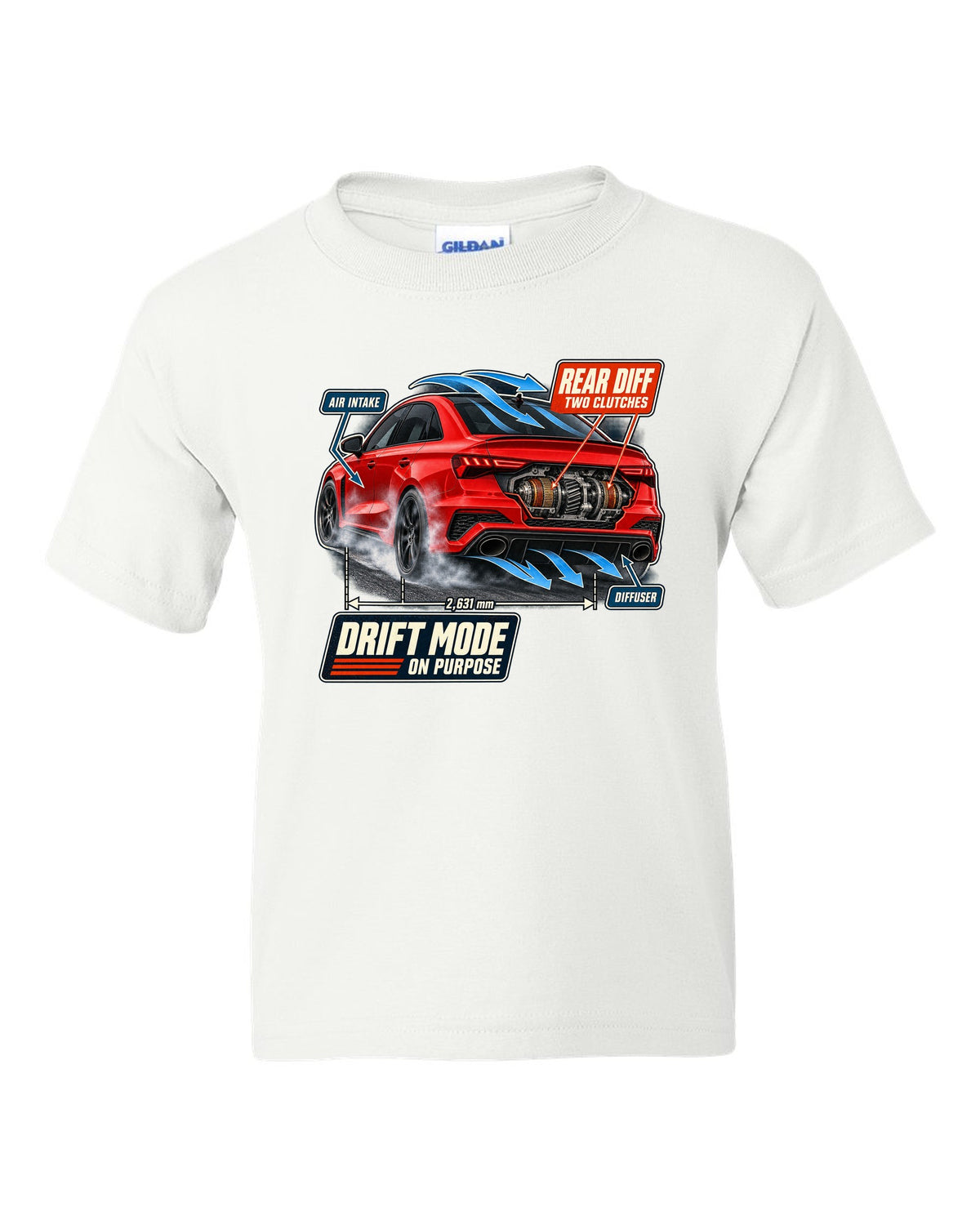 Cutaway callouts on an Audi RS3 8Y sedan showing rear diff and two clutches white kids tee front view with the design