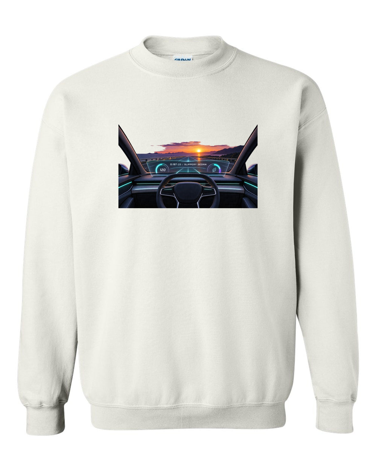 Lucid Air Sapphire gauge cluster HUD print with the text 0.197 Cd slippery sedan white crewneck front view with the design