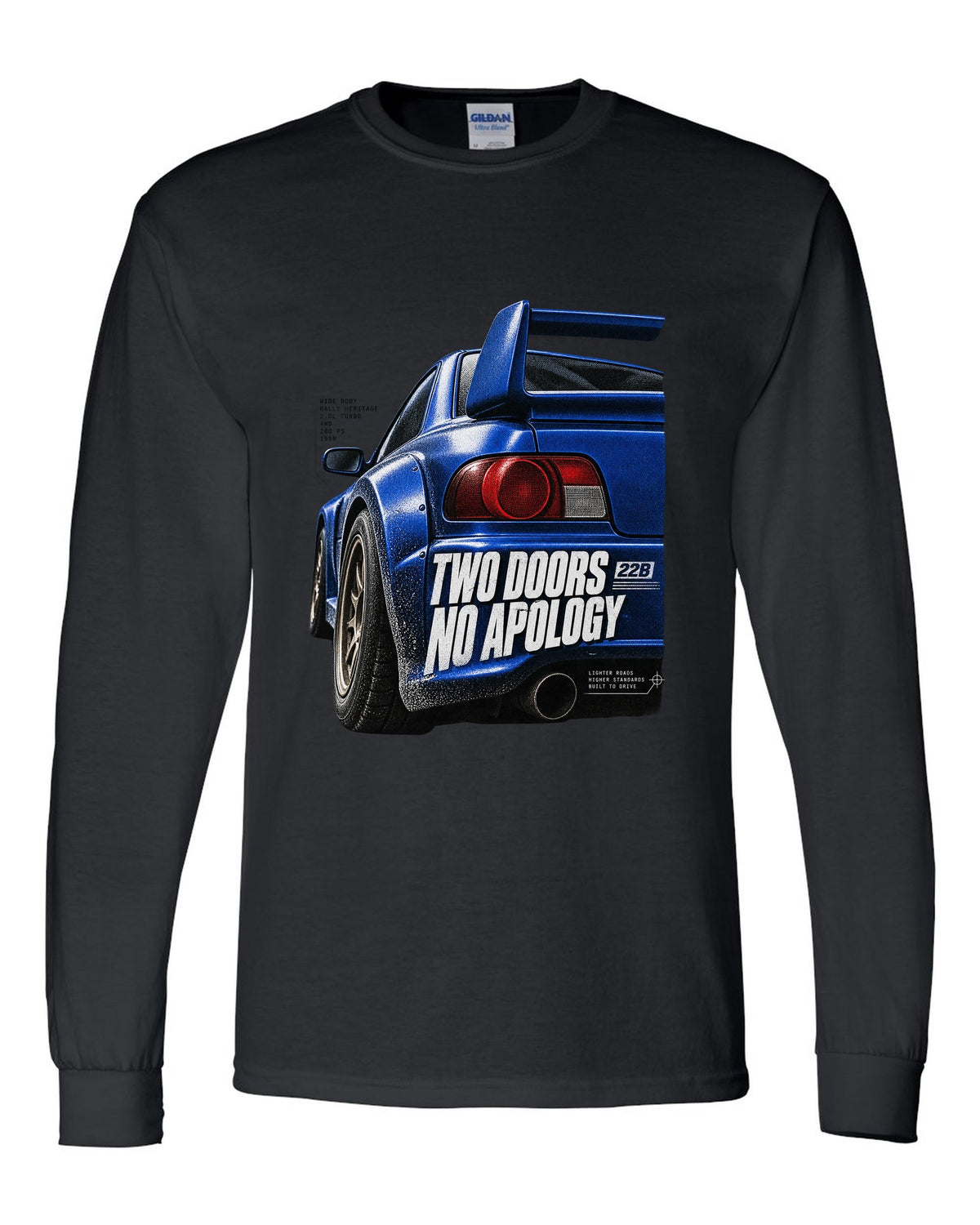 Macro detail of the Subaru Impreza 22B STI rear wing with two doors no apology text black long sleeve front view with the design