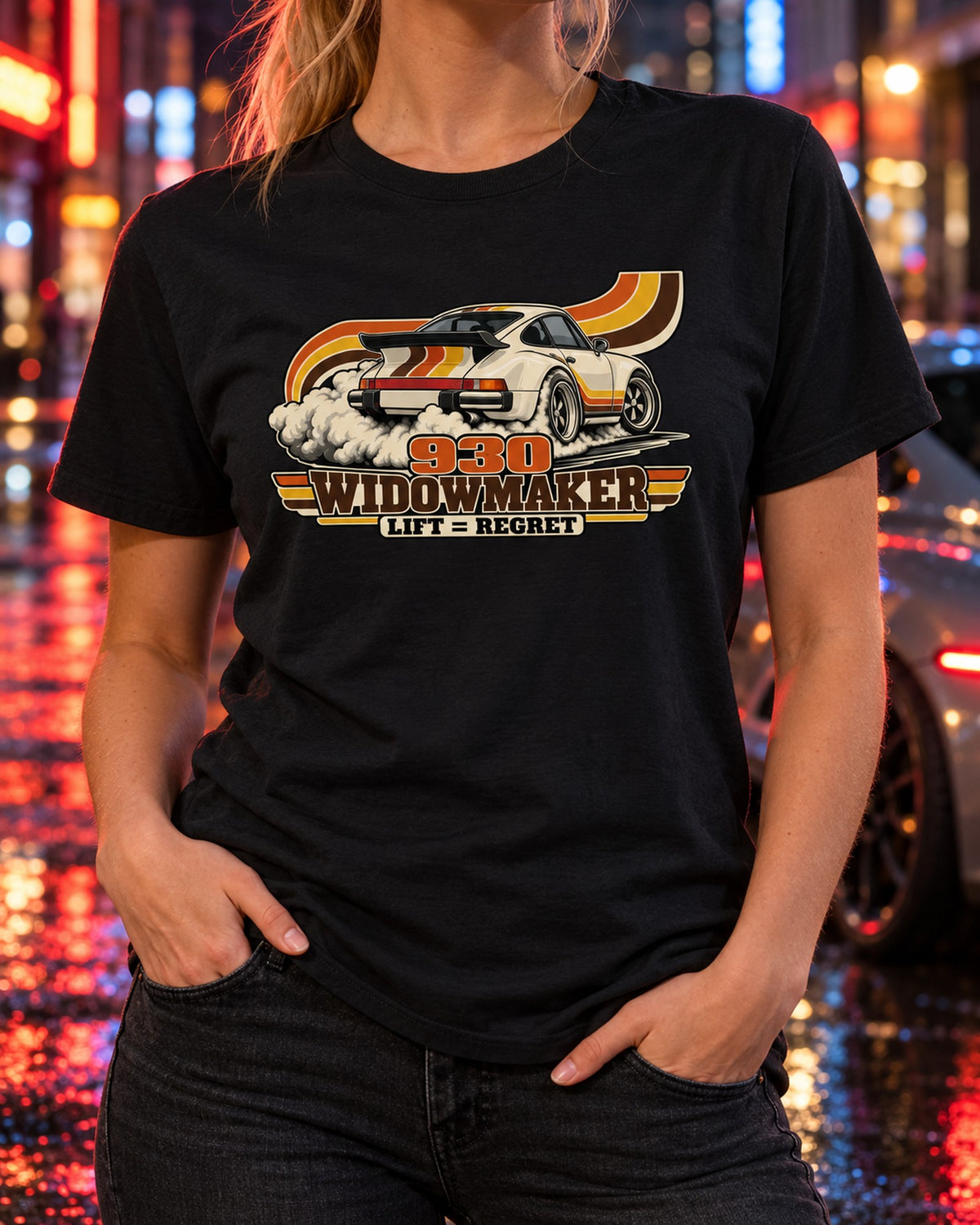 Porsche 911 Turbo 930 Whale Tail 70s Racing Stripe Tee T-Shirt Black worn hero