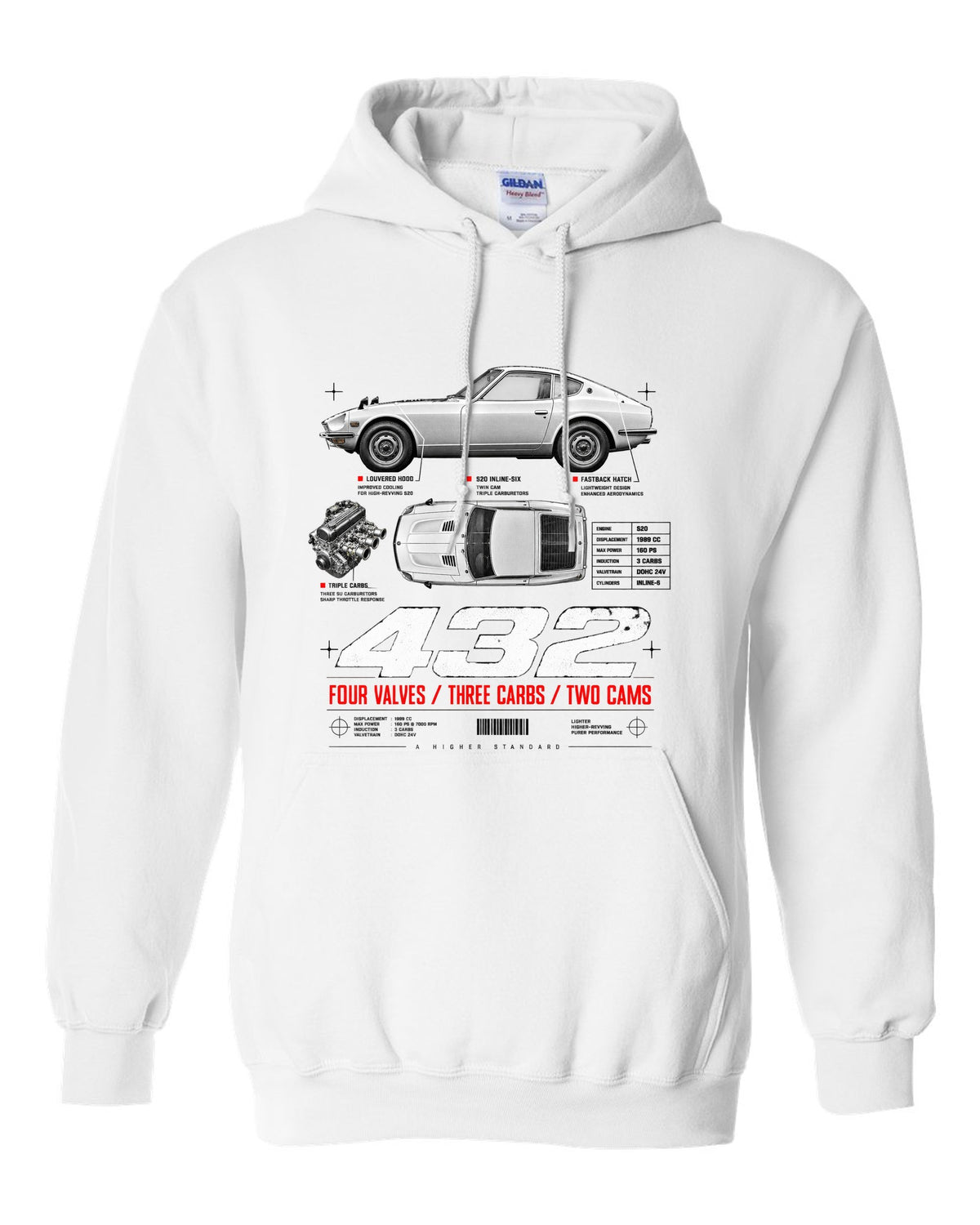 print spec poster of a 1970 Datsun Fairlady Z432 PS30 in profile and top-down view white pull over hoodie front view with the design