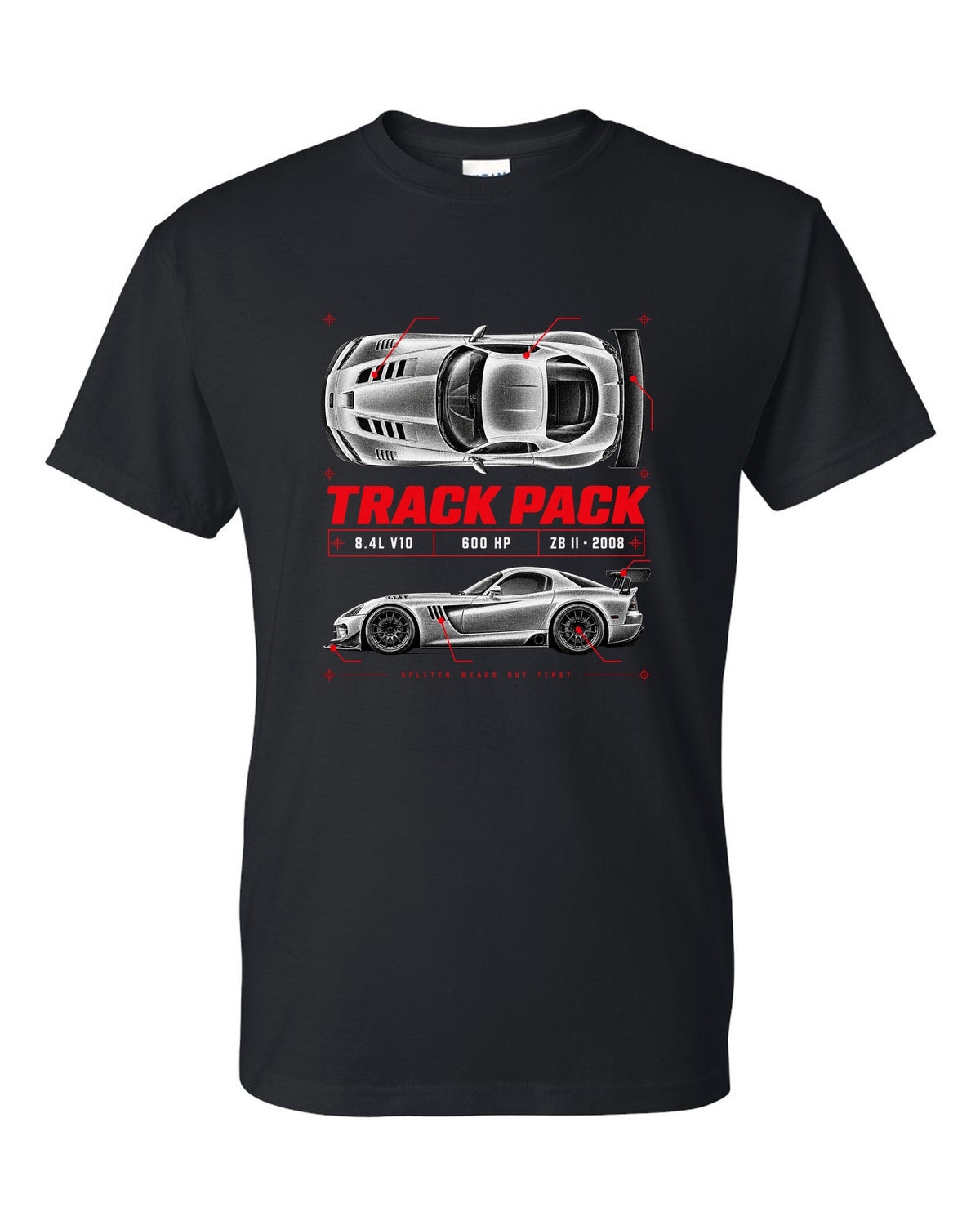 Spec poster print of a 2008 Dodge Viper ACR ZB II with Track Pack, 8.4L V10 and 600 HP text black t-shirt front view with the design