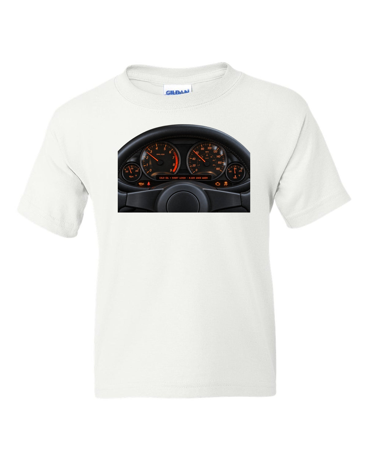 BMW E46 M3 coupe cockpit gauge print with cold oil short leash and 8,000 when warm text white kids tee front view with the design