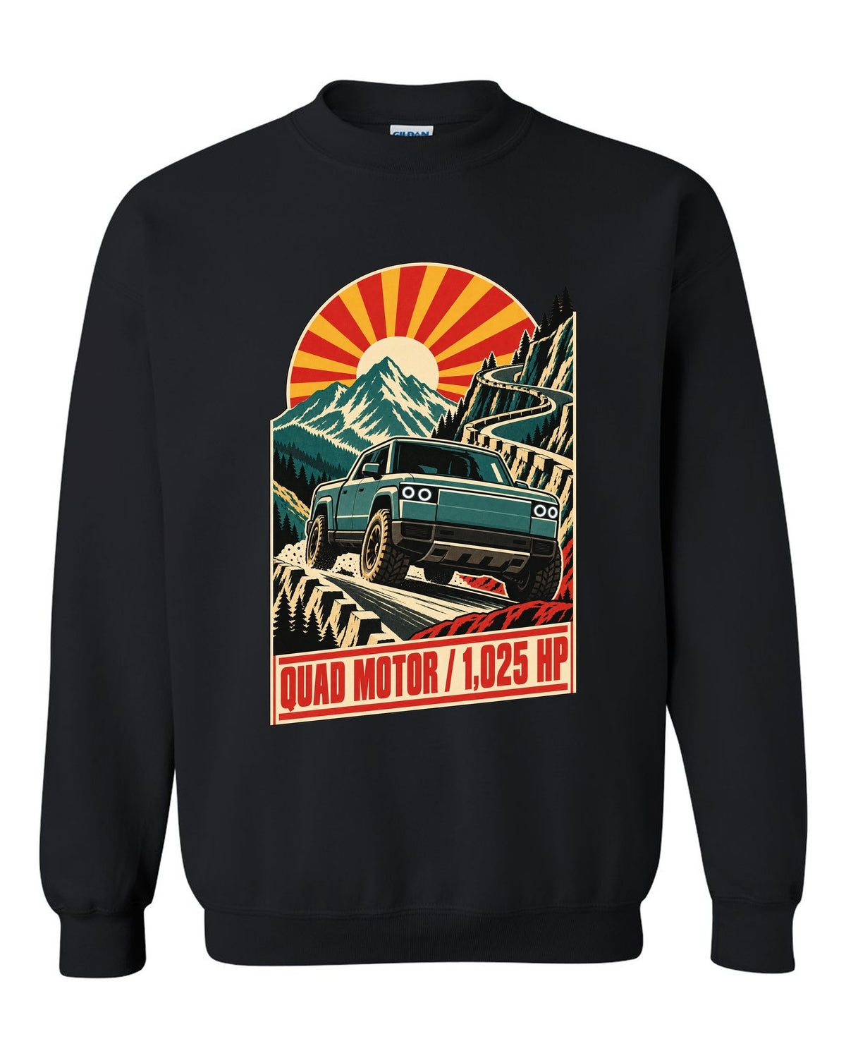 1960s lithographed vintage race poster print of a Rivian R1T reading Quad Motor 1,025 HP black crewneck front view with the design
