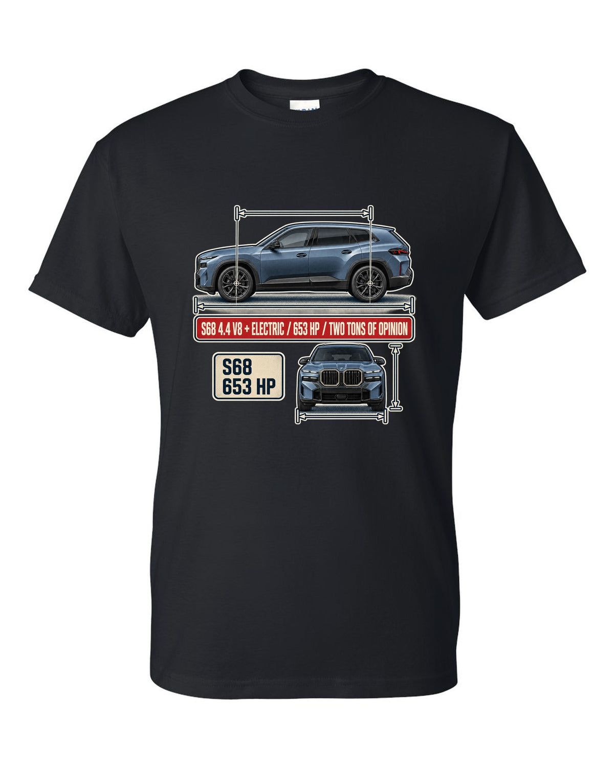 BMW XM G09 dimension blueprint print on a tee black t-shirt front view with the design