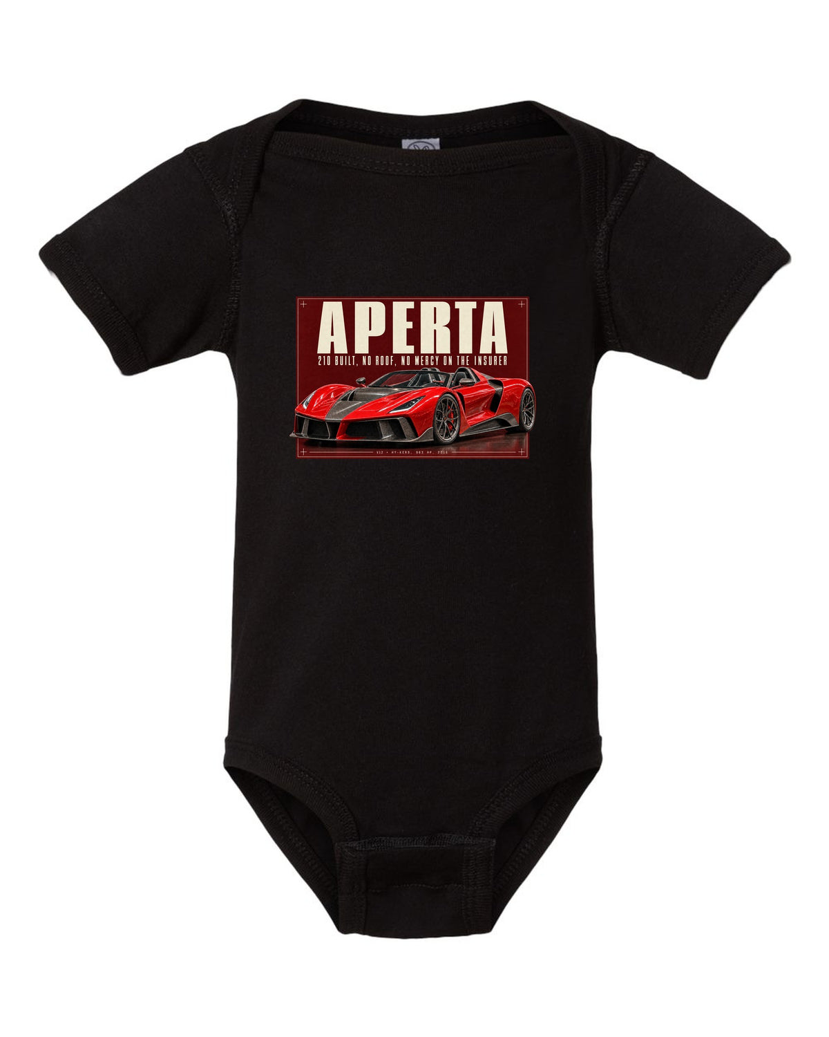 Ferrari LaFerrari Aperta editorial headline print, 210 built black baby onesie front view with the design