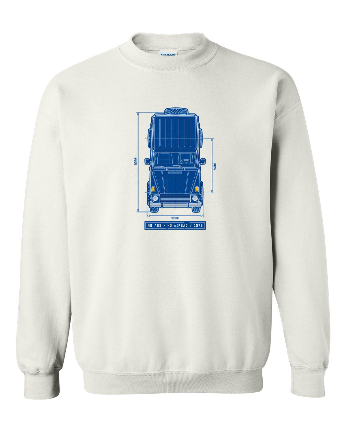 Neon synthwave taillights graphic of a Mercedes G63 W464 with exhaust exits text, print white crewneck front view with the design