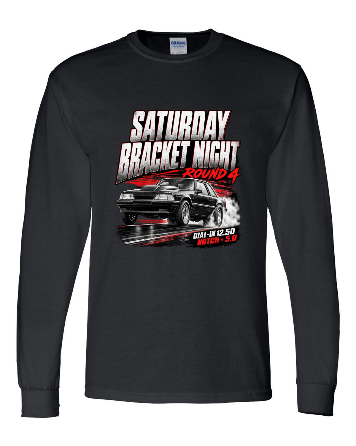 Race poster illustration of a Fox body Mustang notchback drag build for bracket night round 4 black long sleeve front view with the design