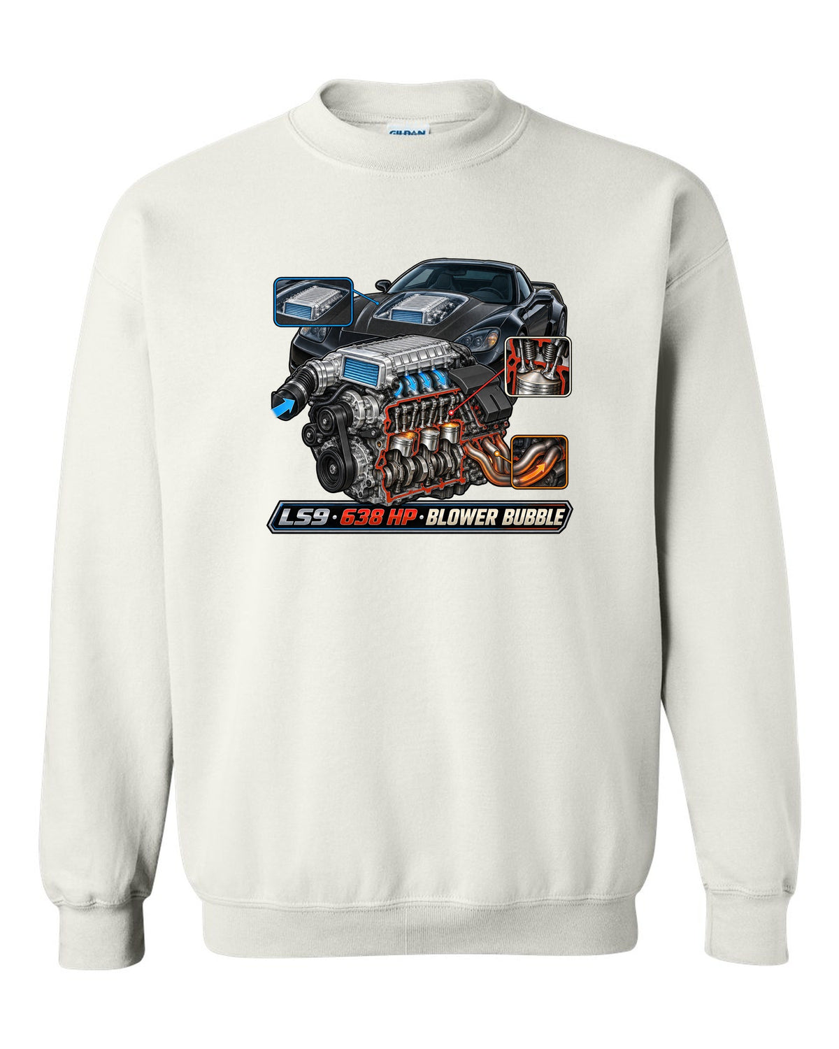 Cutaway engine print of the LS9 supercharger in a 2009 Chevrolet Corvette C6 ZR1 with 638 HP text white crewneck front view with the design